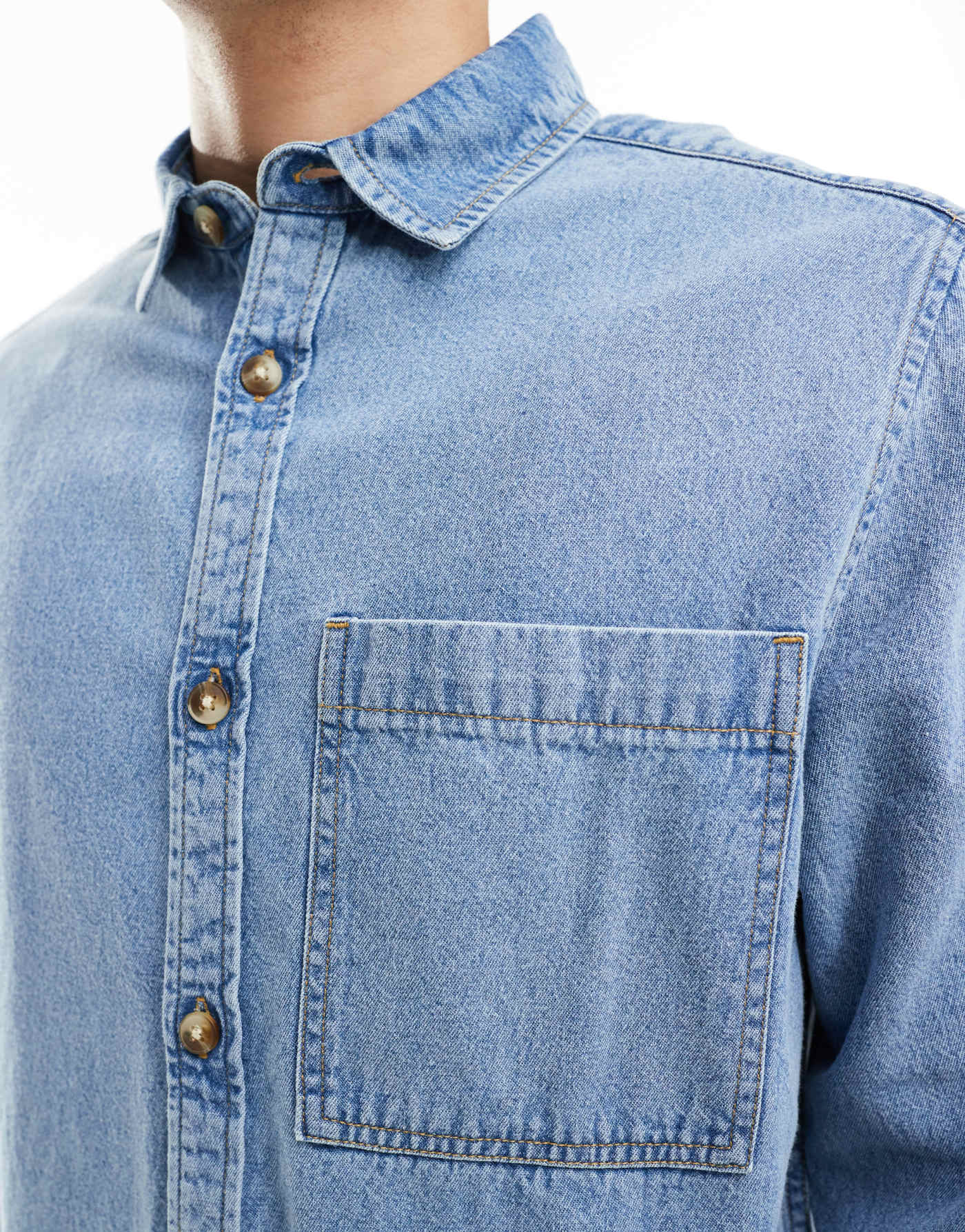 ASOS DESIGN denim overshirt with contrast top stitching in blue