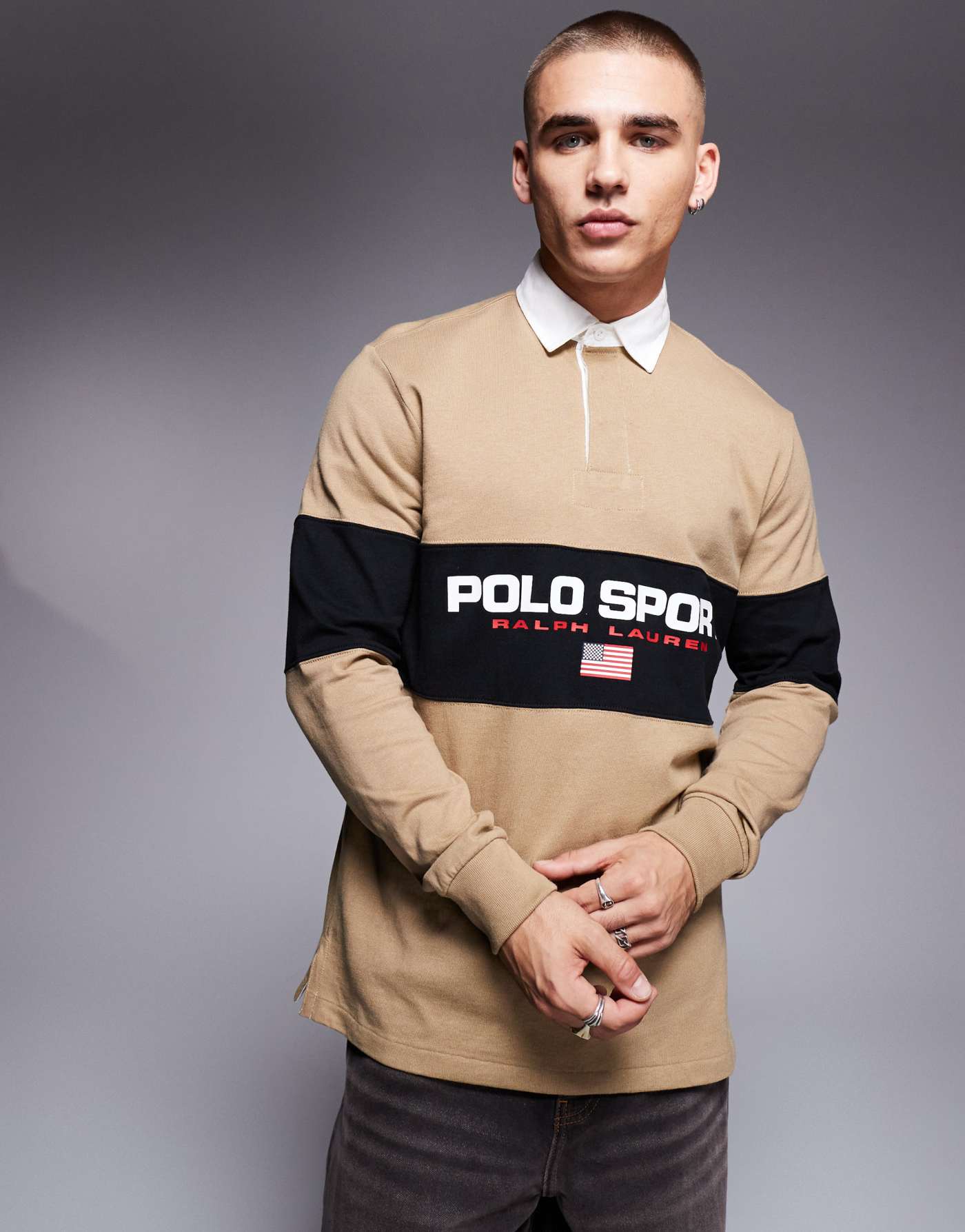 Polo Ralph Lauren Sport Capsule logo rugby shirt in tan