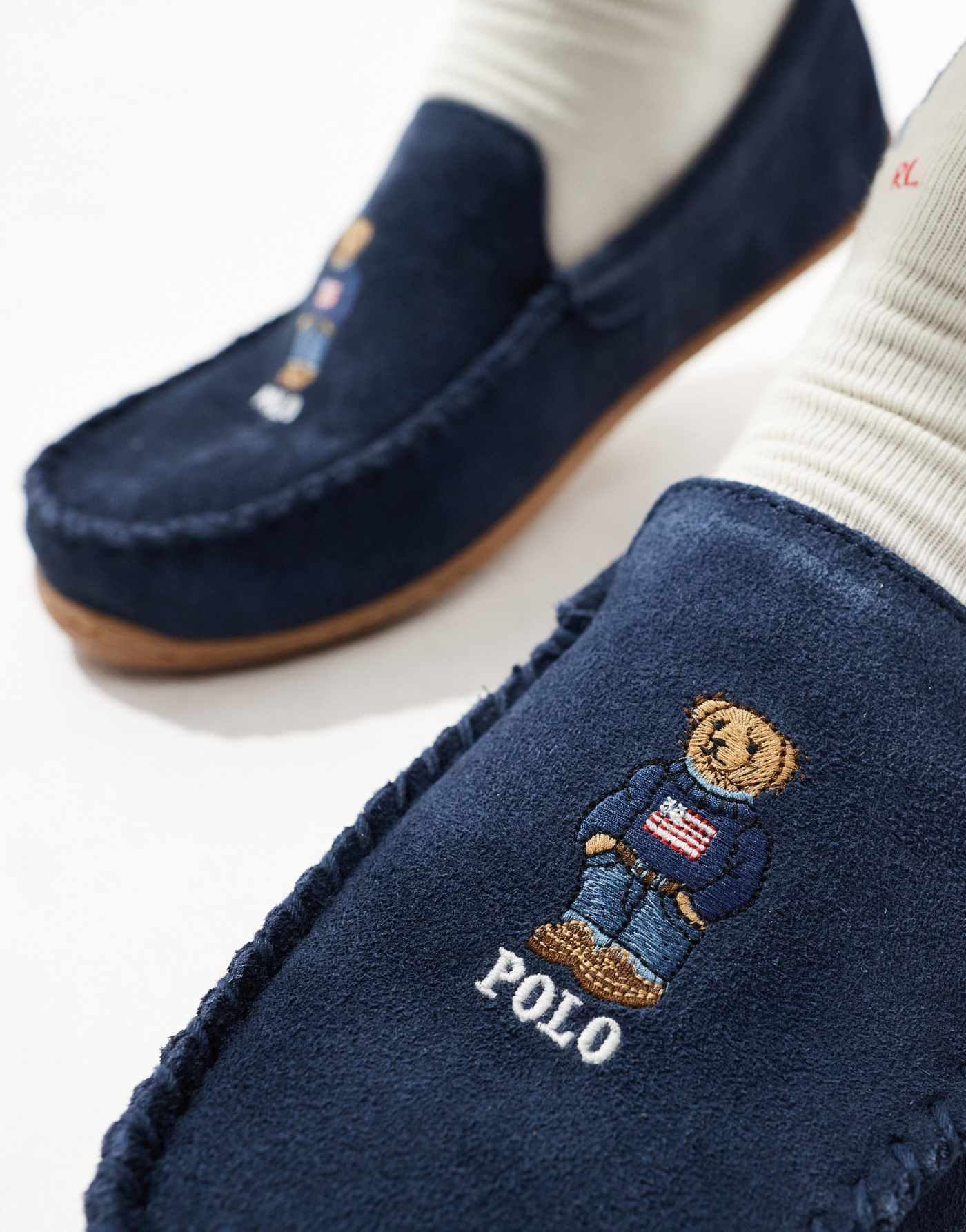 Polo Ralph Lauren Brenan slipper with bear logo in navy suede