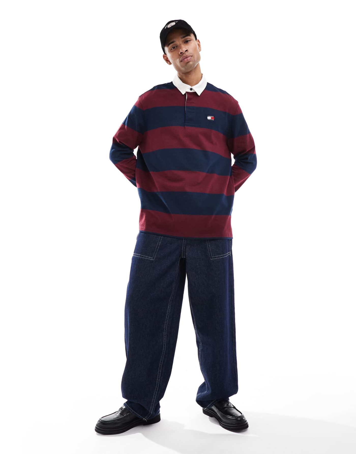 Tommy Jeans stripe rugby top in navy and burgundy