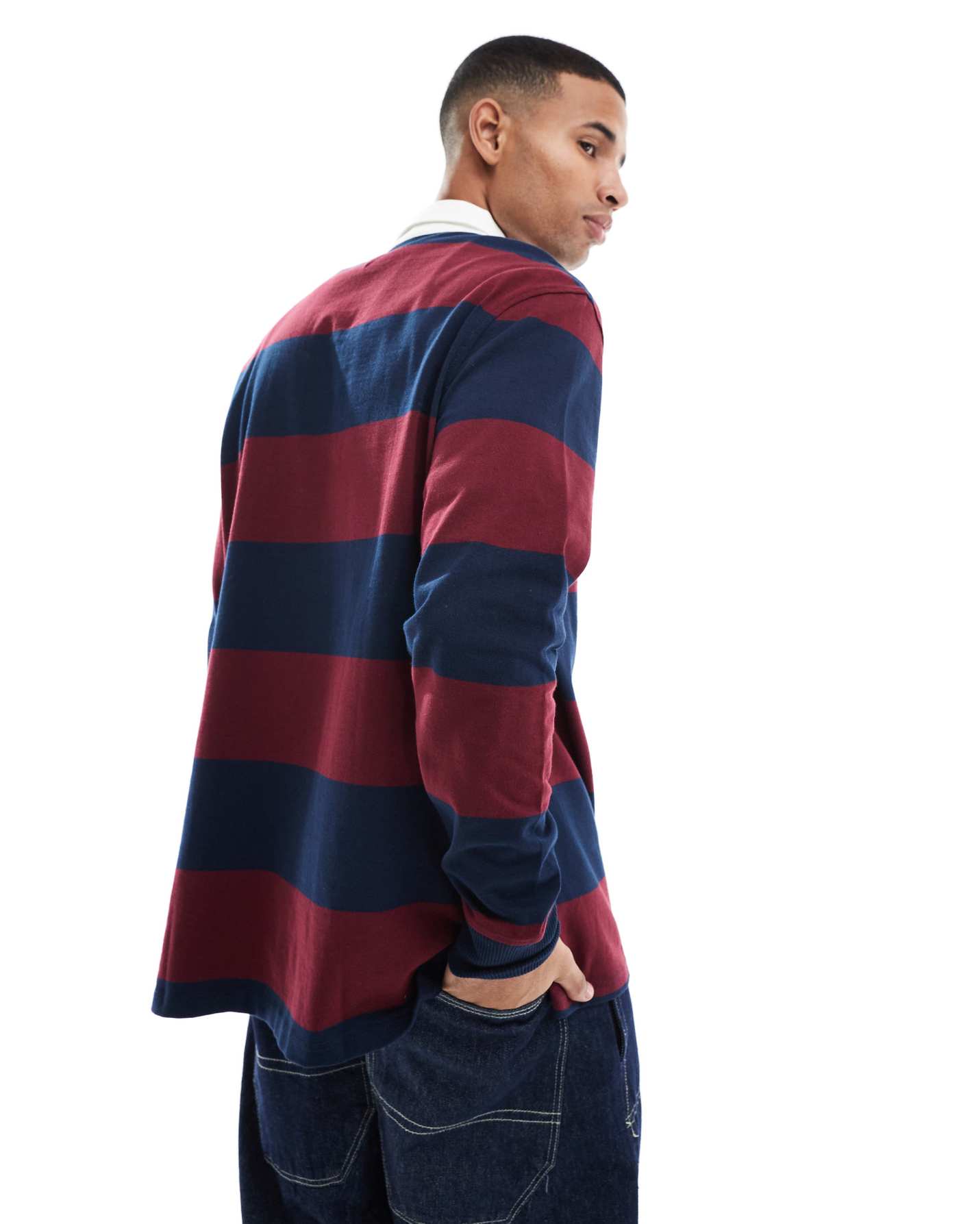 Tommy Jeans stripe rugby top in navy and burgundy