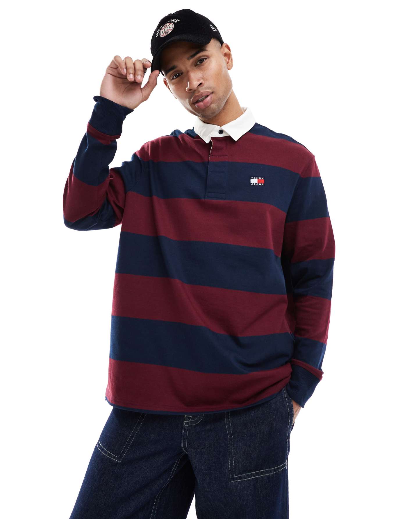 Tommy Jeans stripe rugby top in navy and burgundy