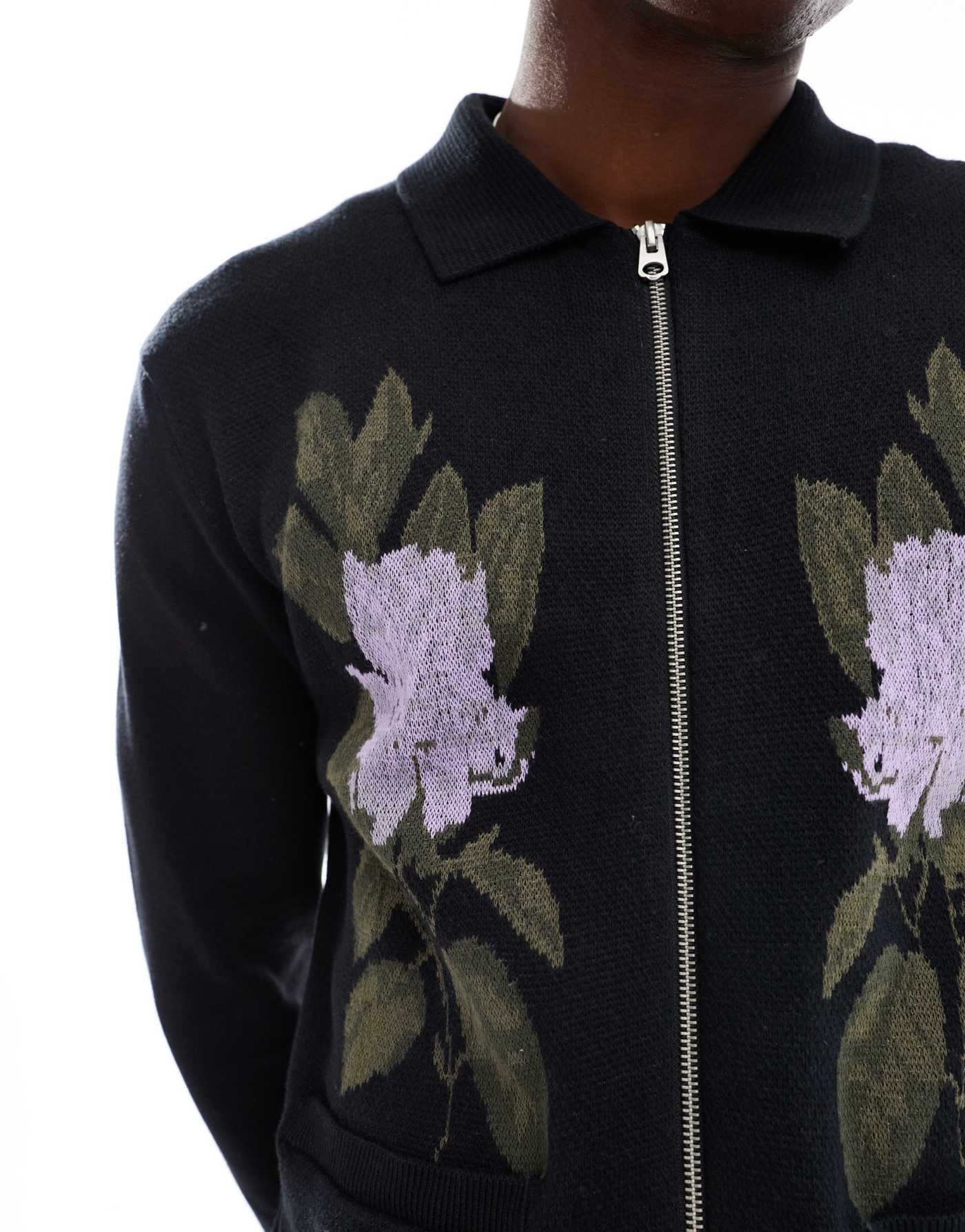 ONLY & SONS zip through overshirt with floral embroidery in black