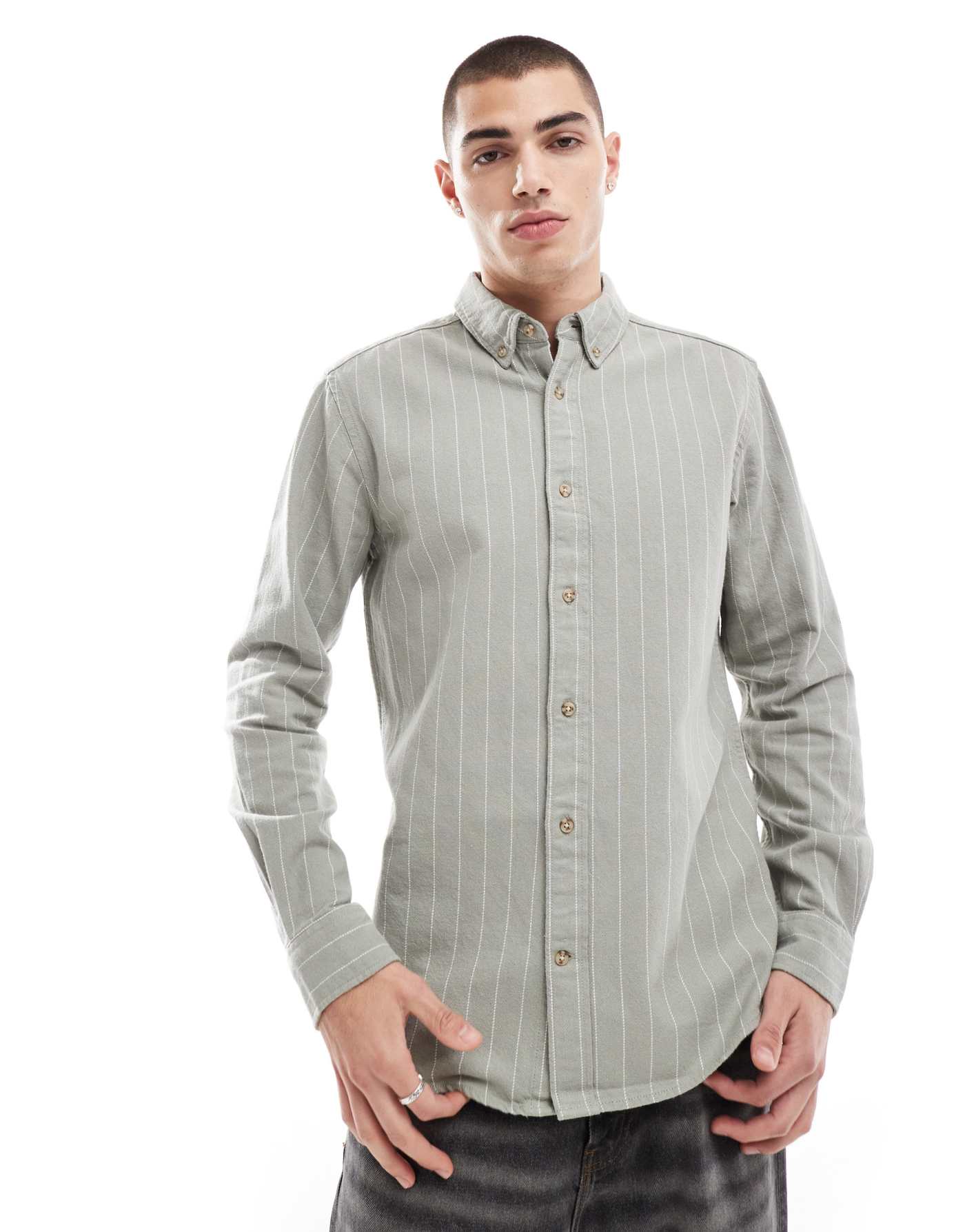 ONLY & SONS long sleeve shirt with stripe in sage