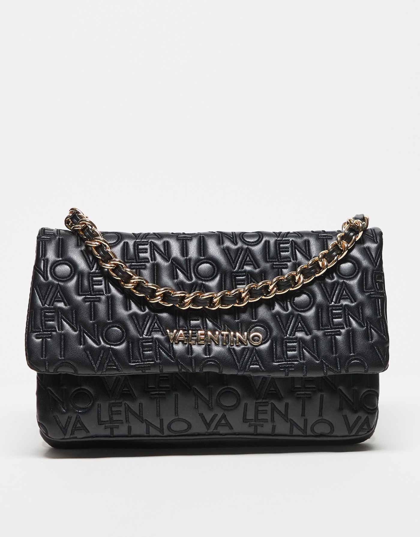 Valentino dram embroidered logo crossbody bag with chain strap in black