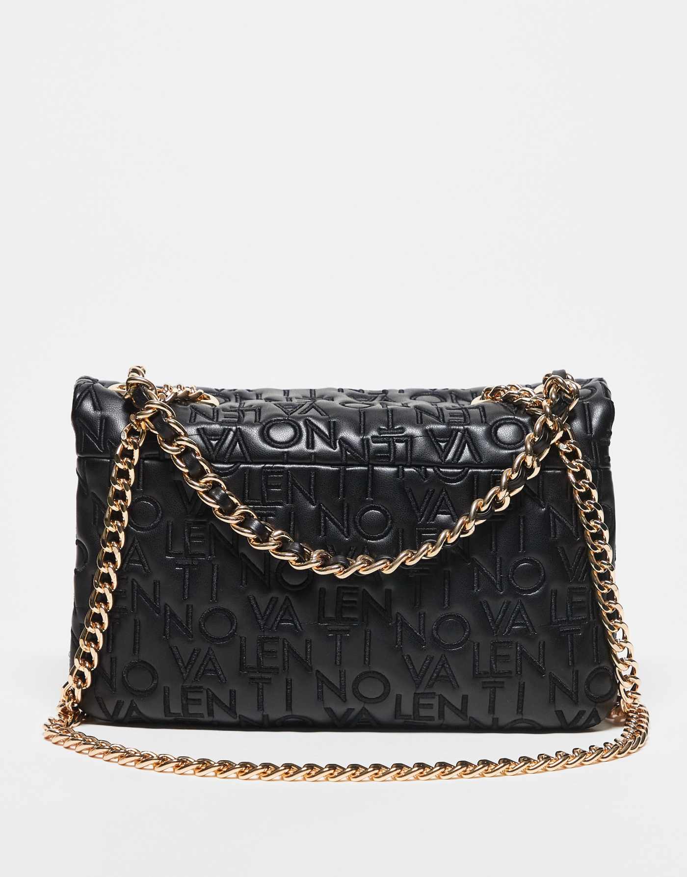 Valentino dram embroidered logo crossbody bag with chain strap in black