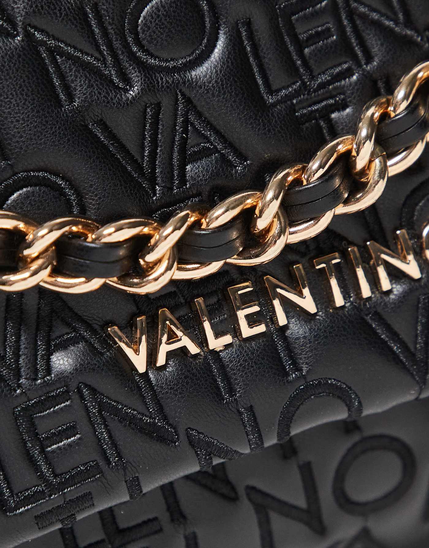 Valentino dram embroidered logo crossbody bag with chain strap in black