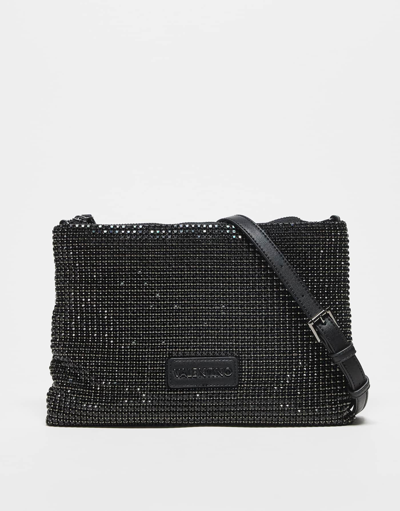 Valentino nabilah embellished pouch bag with crossbody strap in black metallic