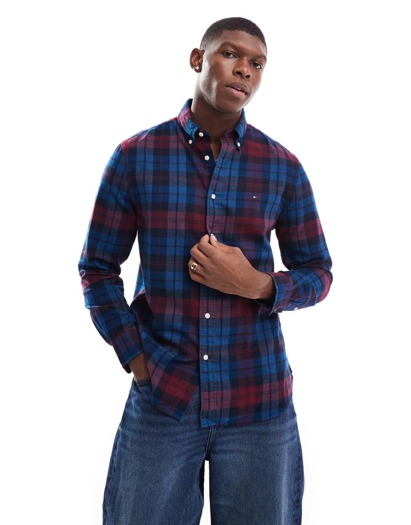 Tommy Hilfiger brushed check shirt in navy and burgundy