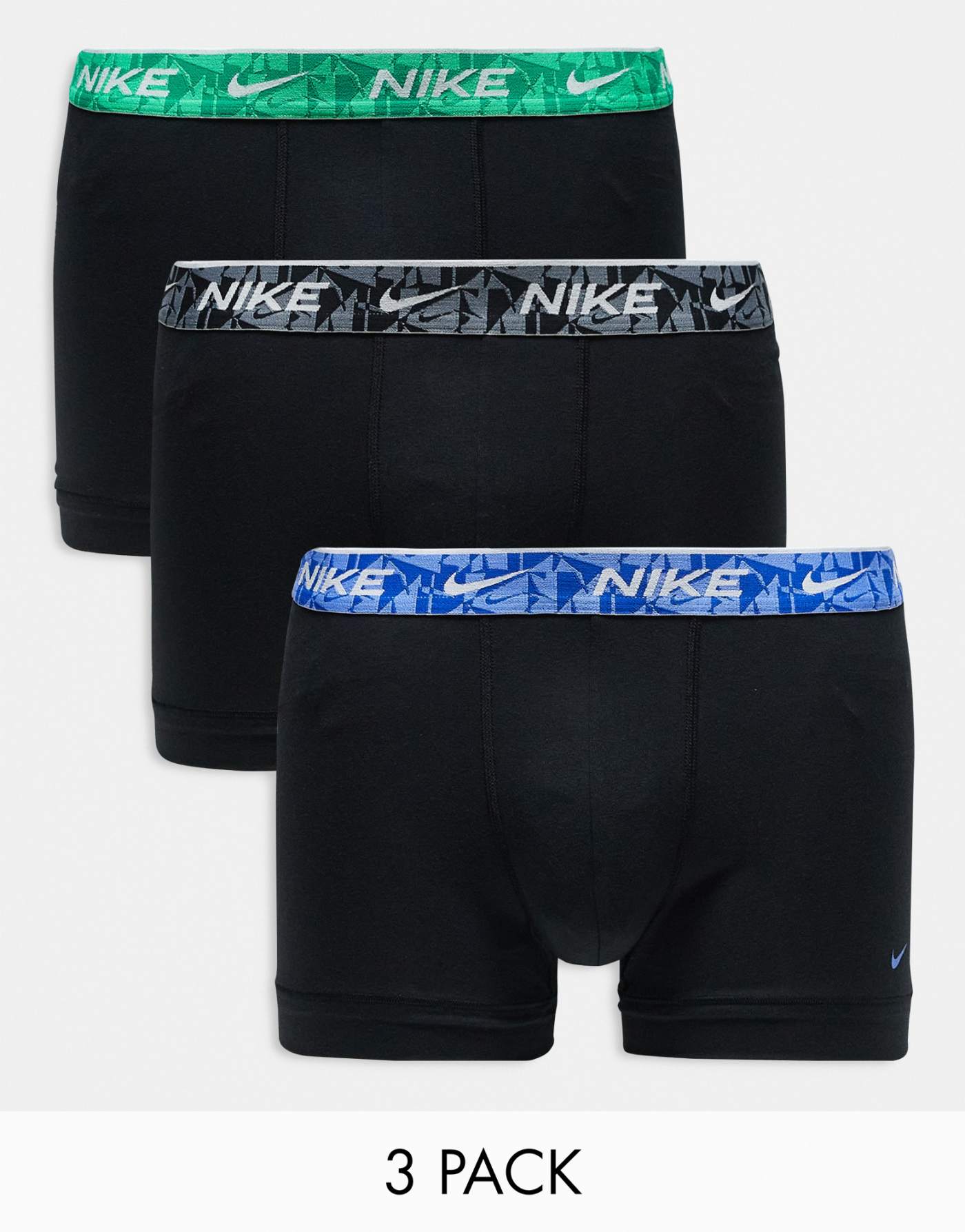 Nike Everyday Cotton Stretch 3 pack trunk with coloured waistband in black/blue/green