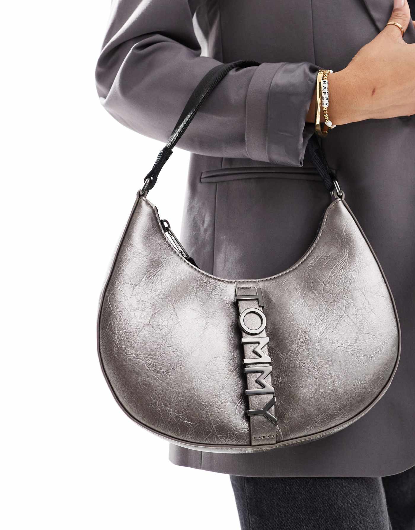 Tommy Jeans city bold leather shoulder bag in cracked metallic silver