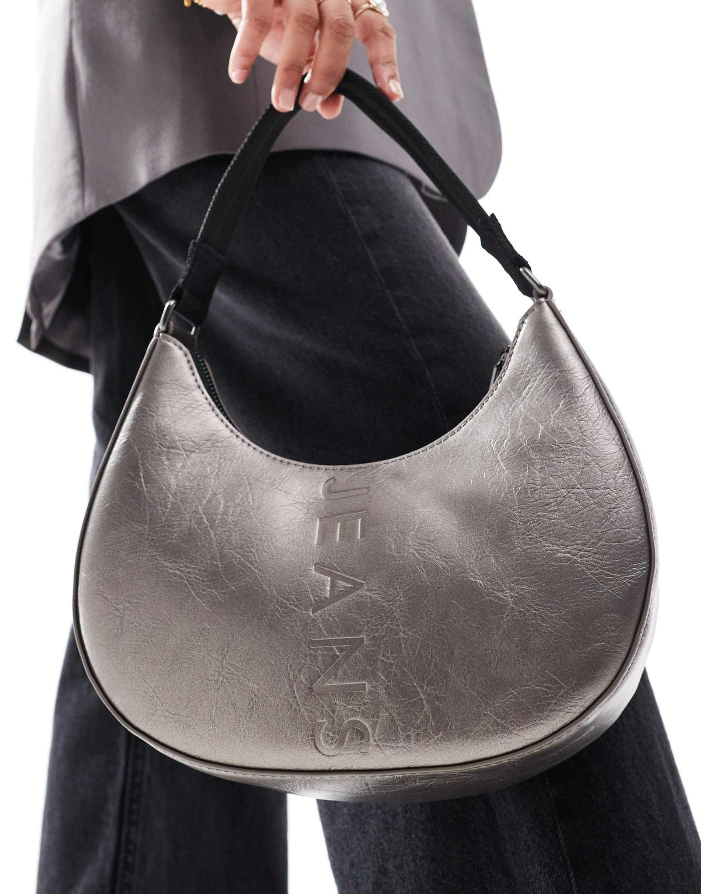 Tommy Jeans city bold leather shoulder bag in cracked metallic silver