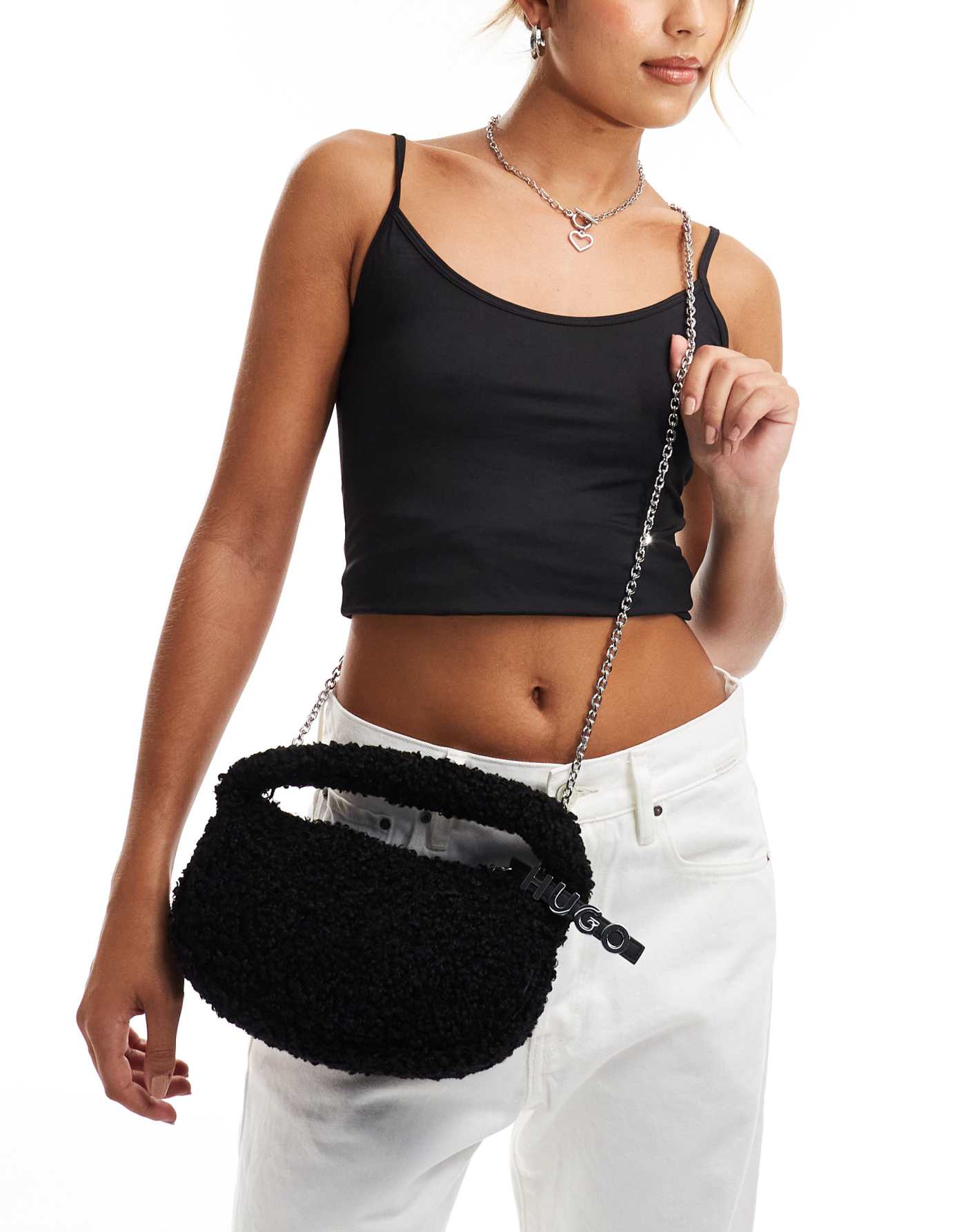 HUGO Red becky shoulder bag in black sherpa