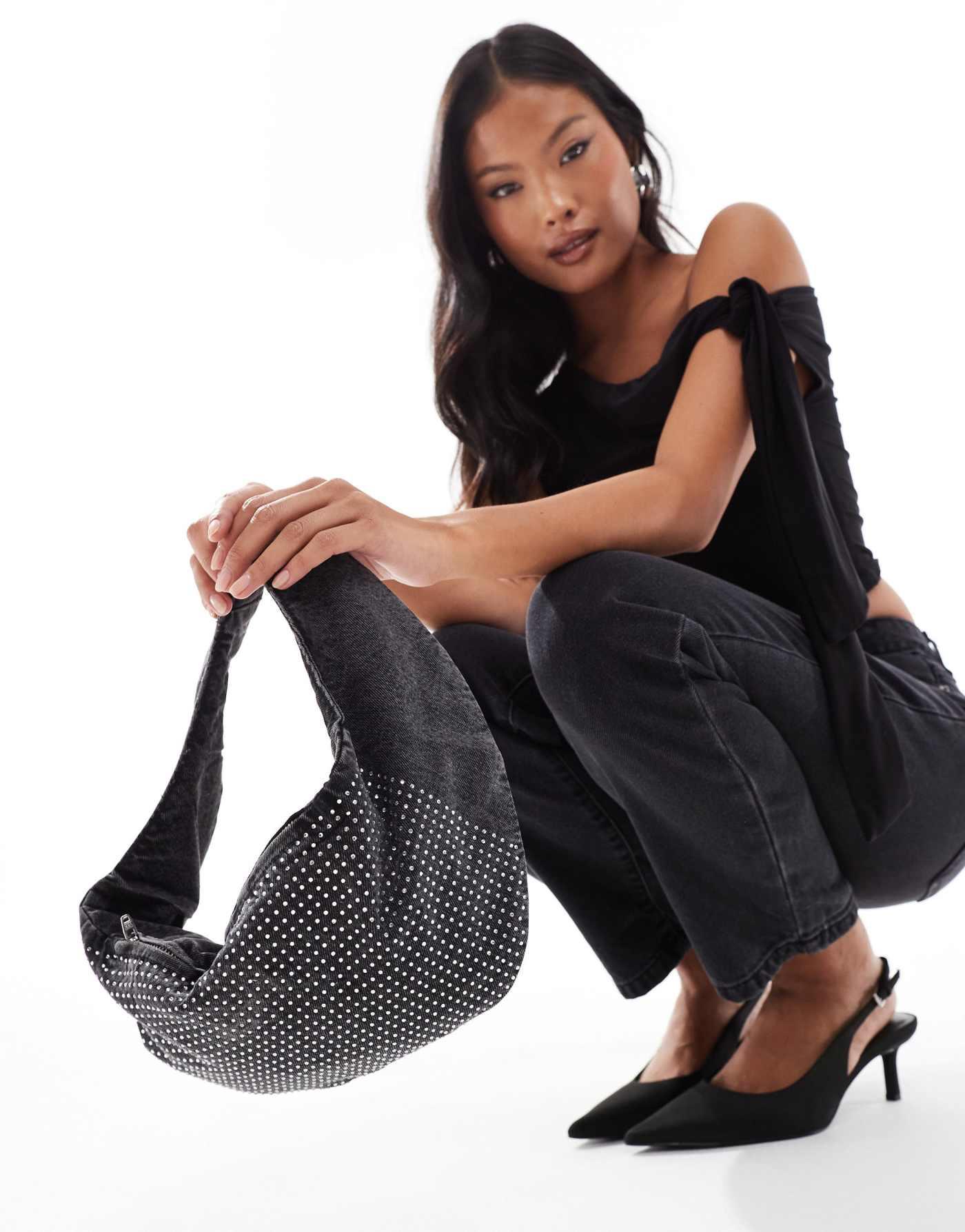 ONLY rhinestone denim shoulder bag in washed grey