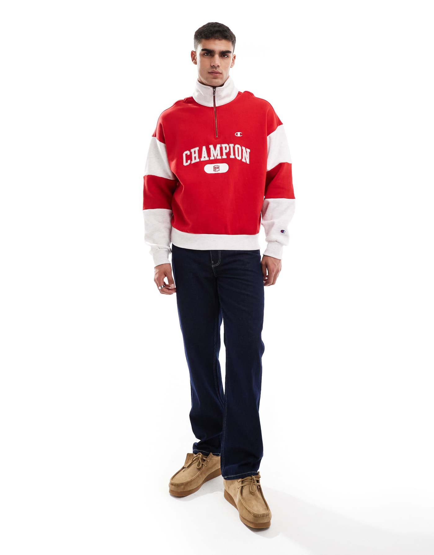 Champion Rochester collegiate half zip sweatshirt in red and grey marl