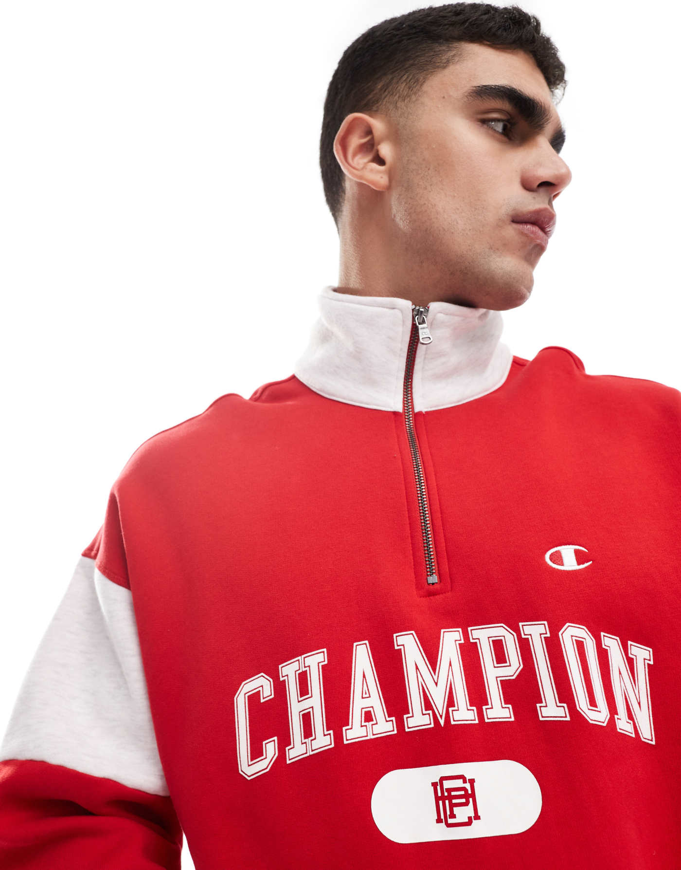 Champion Rochester collegiate half zip sweatshirt in red and grey marl