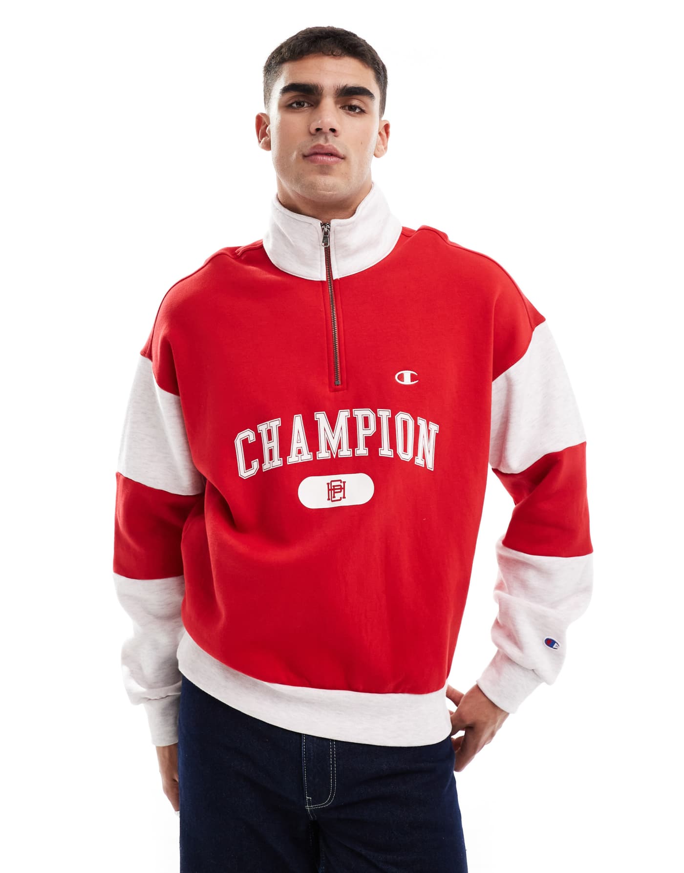 Champion Rochester collegiate half zip sweatshirt in red and grey marl