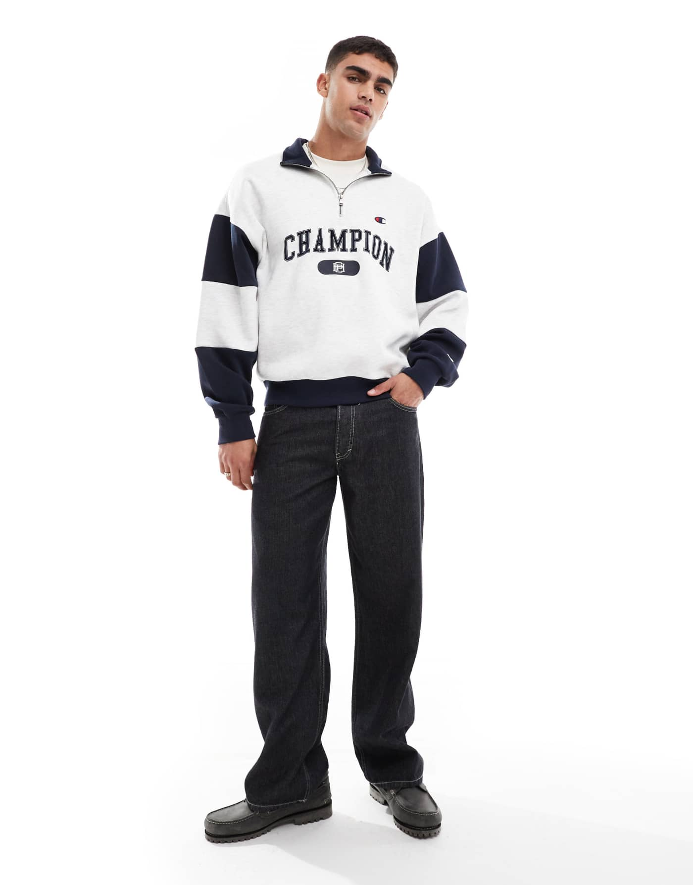 Champion Rochester collegiate half zip sweatshirt in grey marl and navy