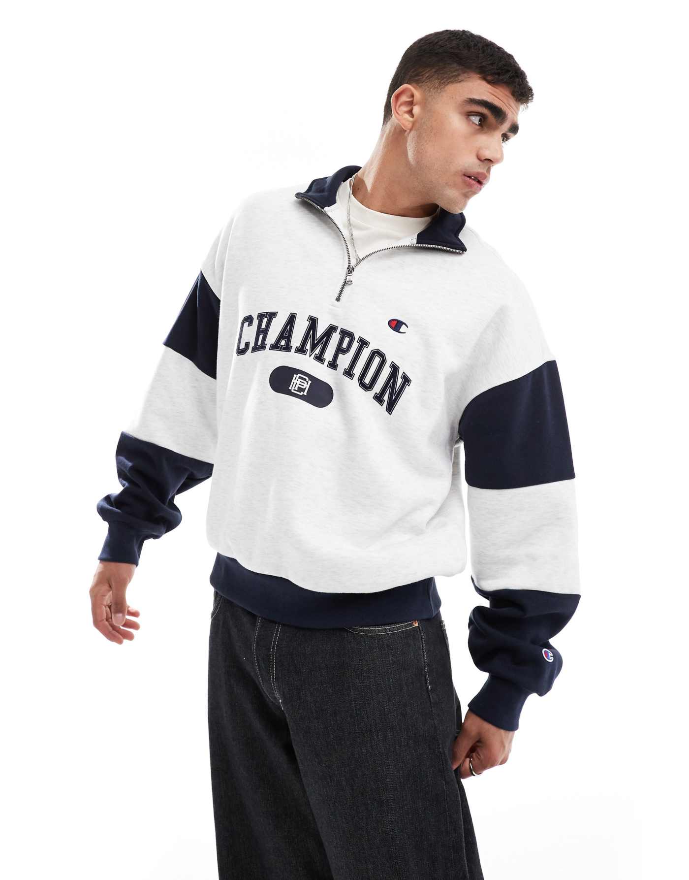 Champion Rochester collegiate half zip sweatshirt in grey marl and navy