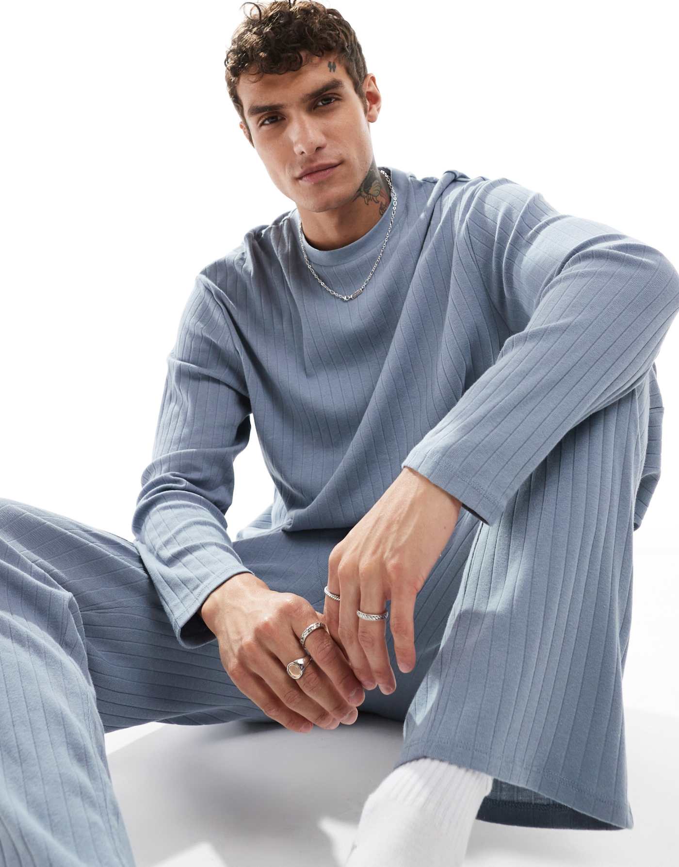 ASOS DESIGN rib lounge set with long sleeve t-shirt and bottoms in blue