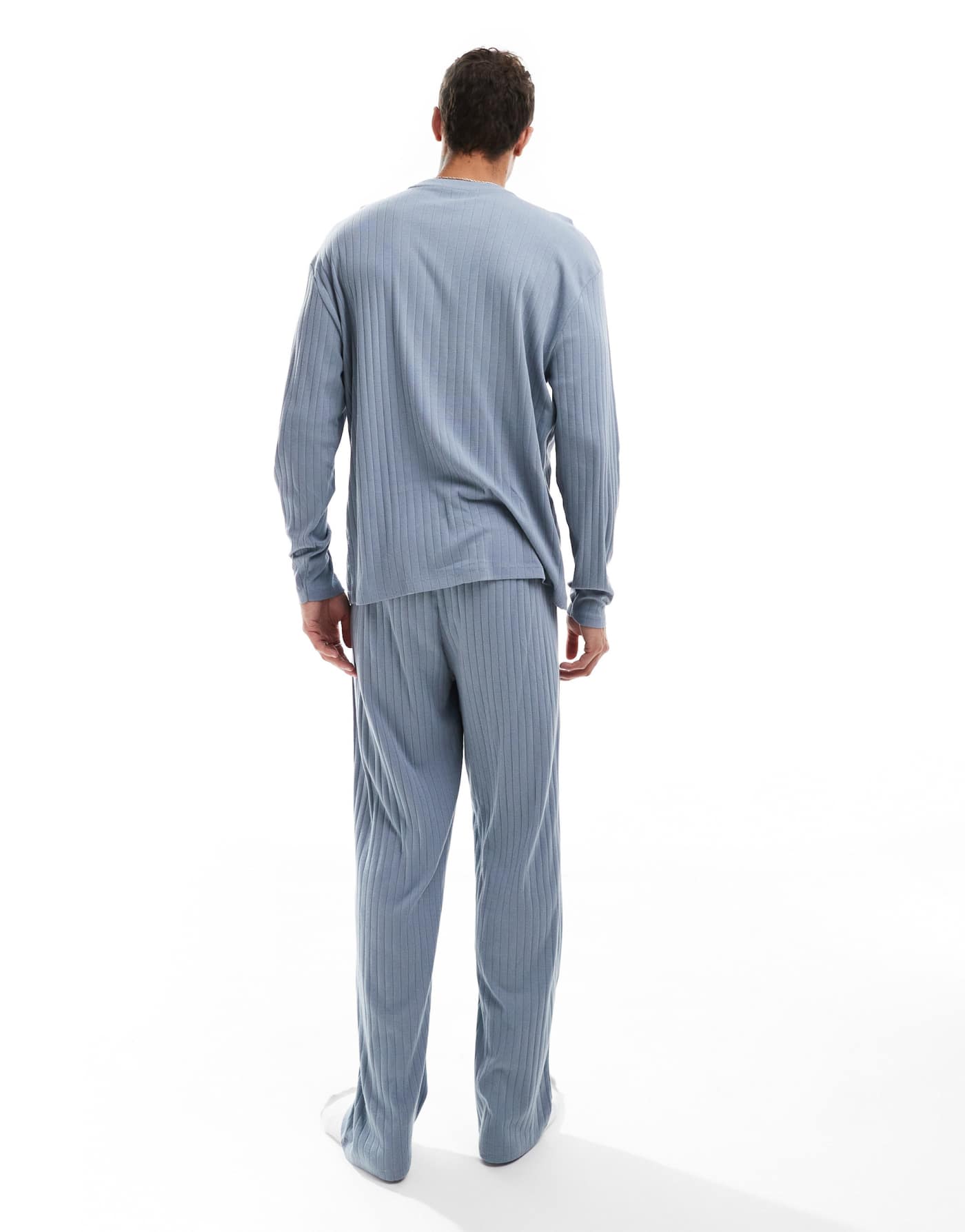 ASOS DESIGN rib lounge set with long sleeve t-shirt and bottoms in blue