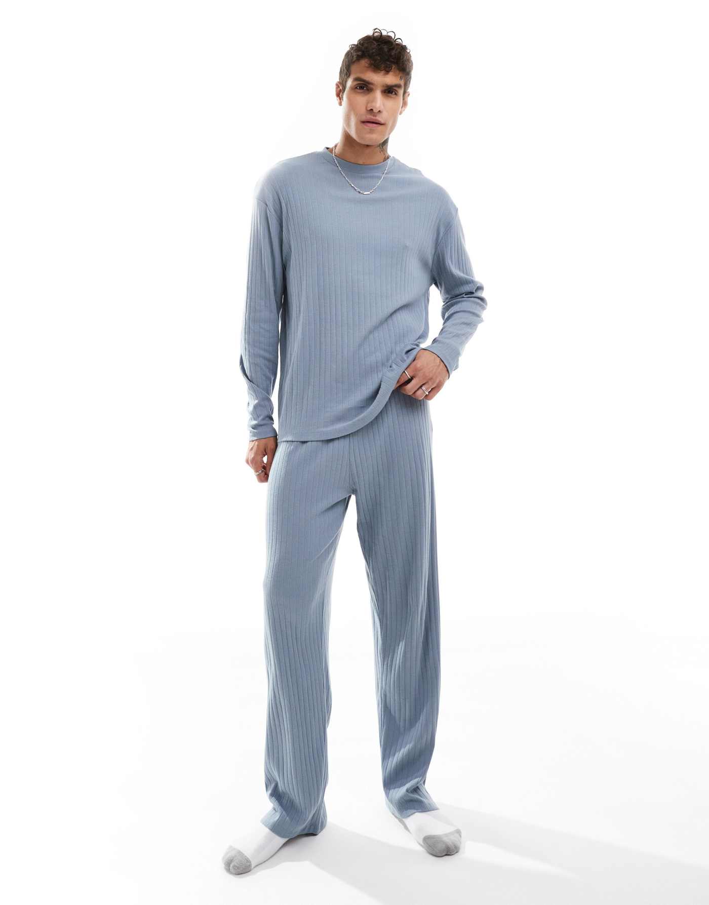 ASOS DESIGN rib lounge set with long sleeve t-shirt and bottoms in blue