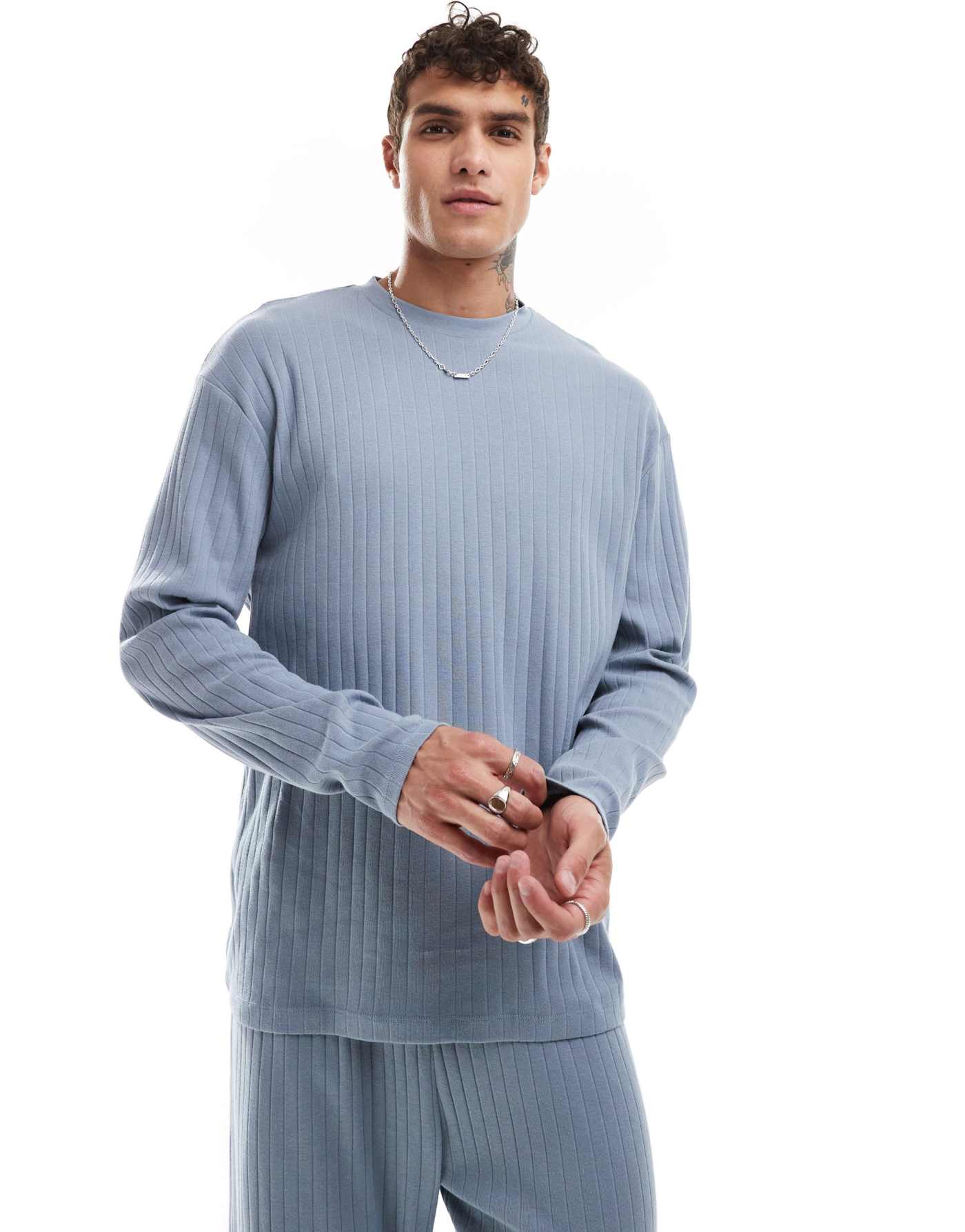 ASOS DESIGN rib lounge set with long sleeve t-shirt and bottoms in blue