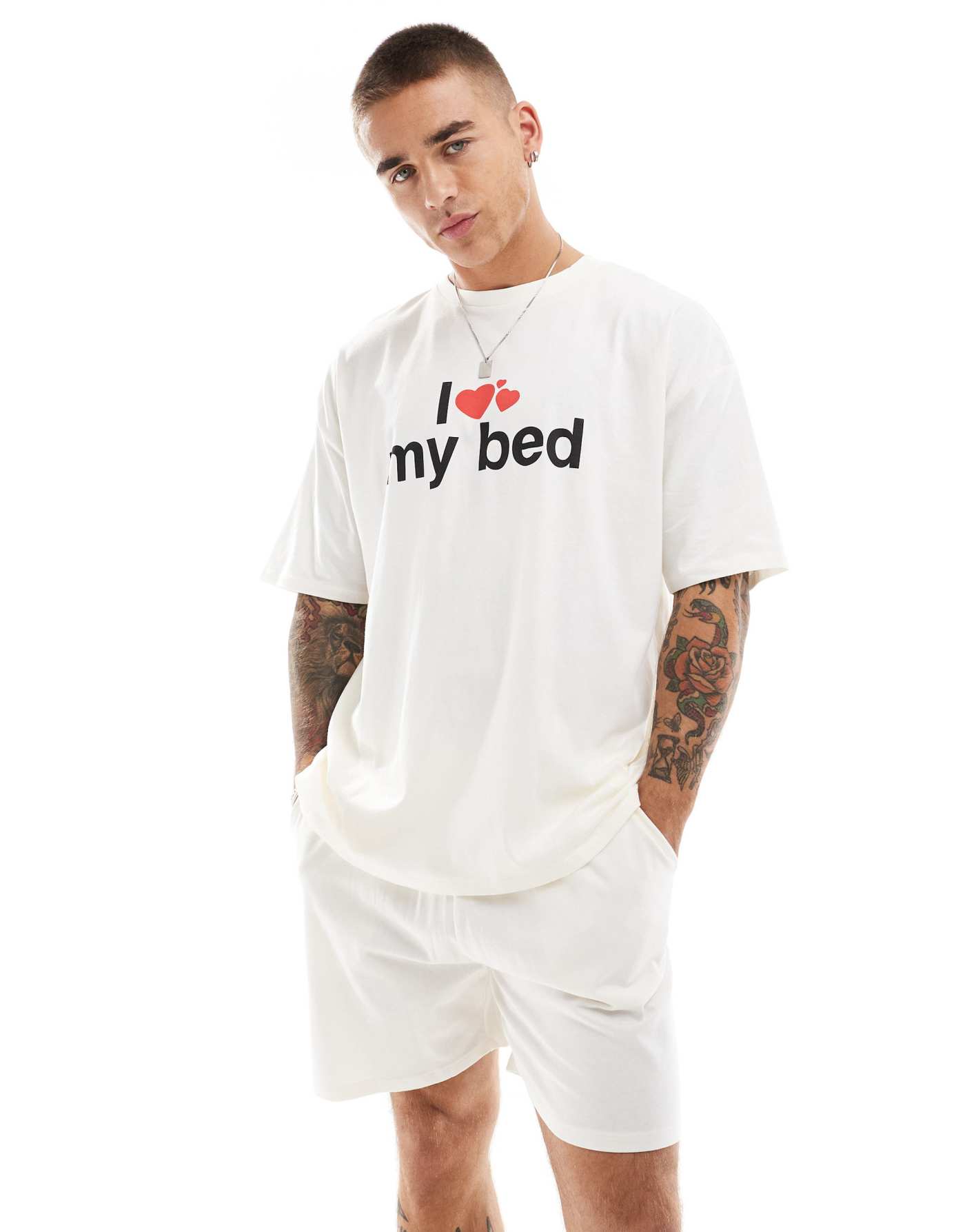 ASOS DESIGN pyjama set with I love my bed graphic in cream