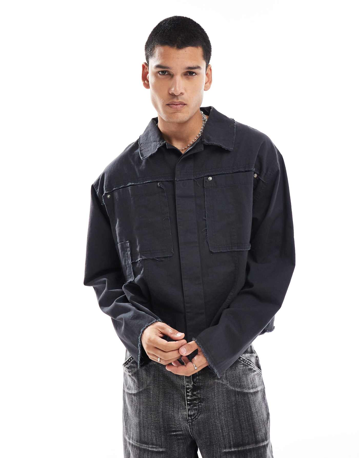 COLLUSION boxy long sleeve raw hem shirt in navy