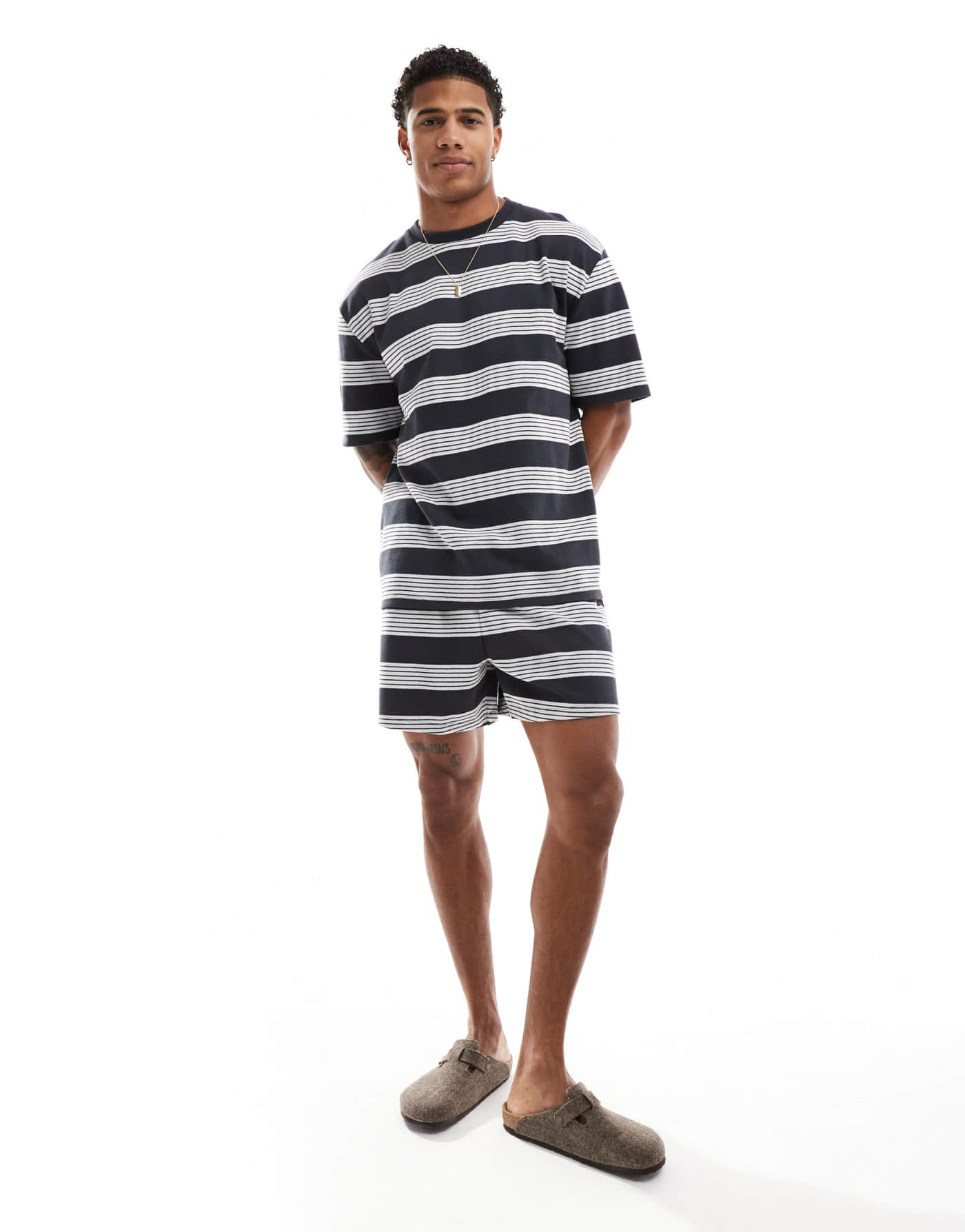 ASOS DESIGN pyjama set with t-shirt and shorts in black stripe