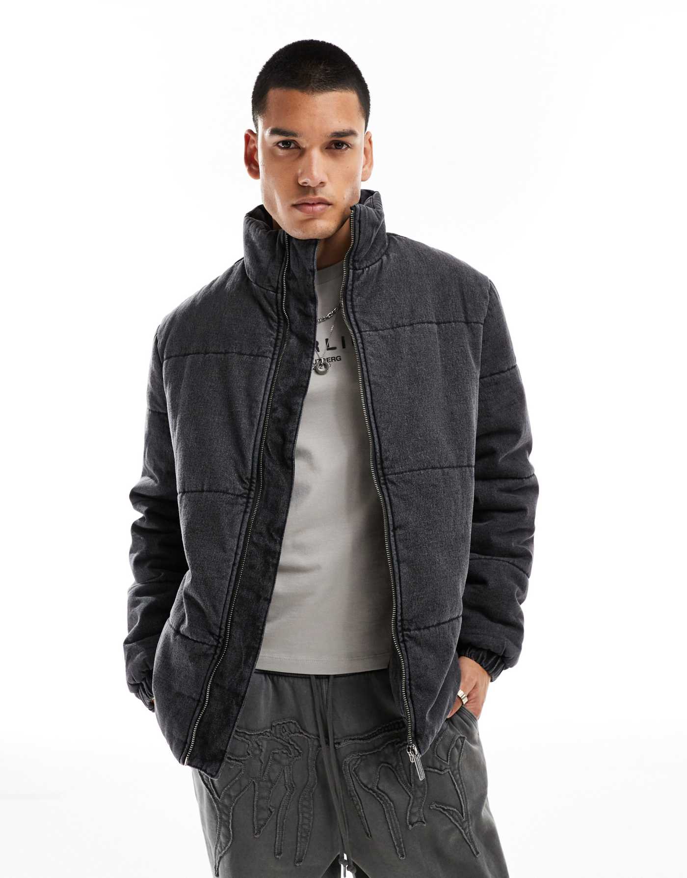 Native Youth stone washed denim puffer jacket in black