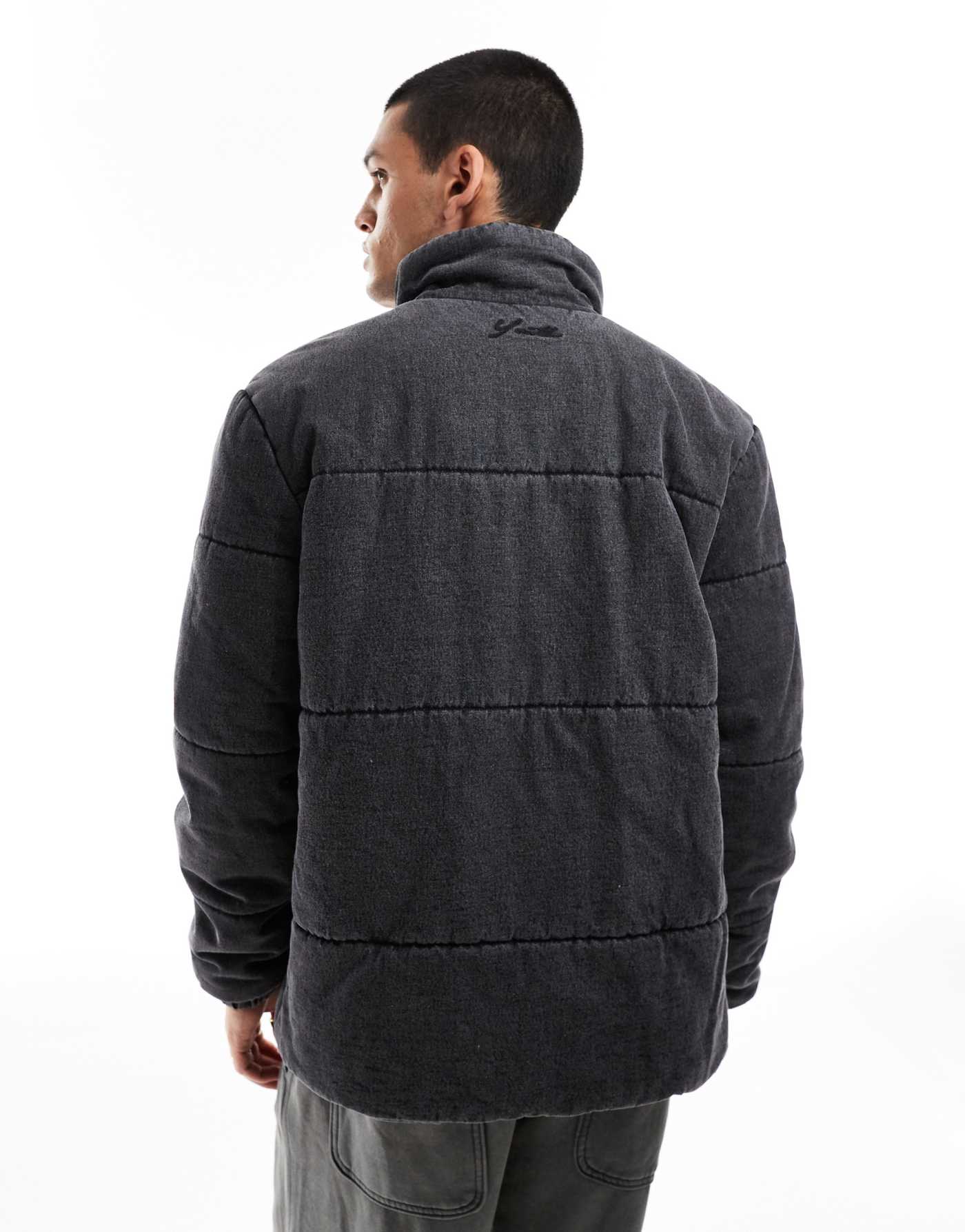 Native Youth stone washed denim puffer jacket in black