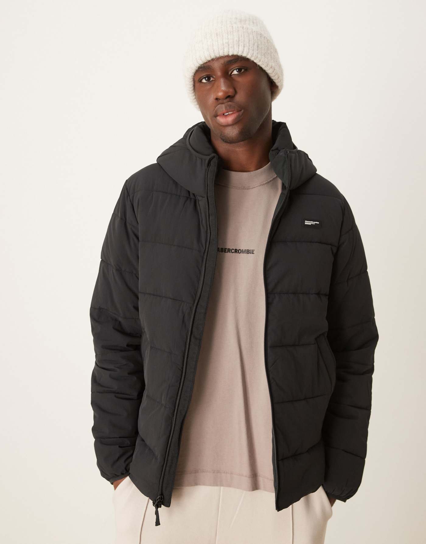 Abercrombie & Fitch logo lightweight hooded puffer jacket in black