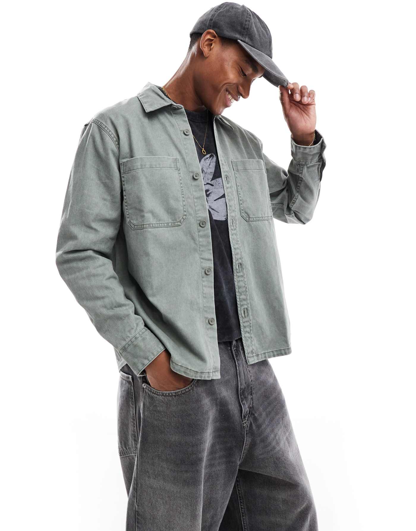 Hollister overdye washed denim overshirt in mid green