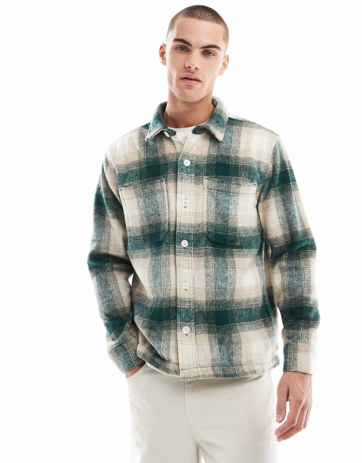 Hollister check cozy brushed flannel shacket in cream/green