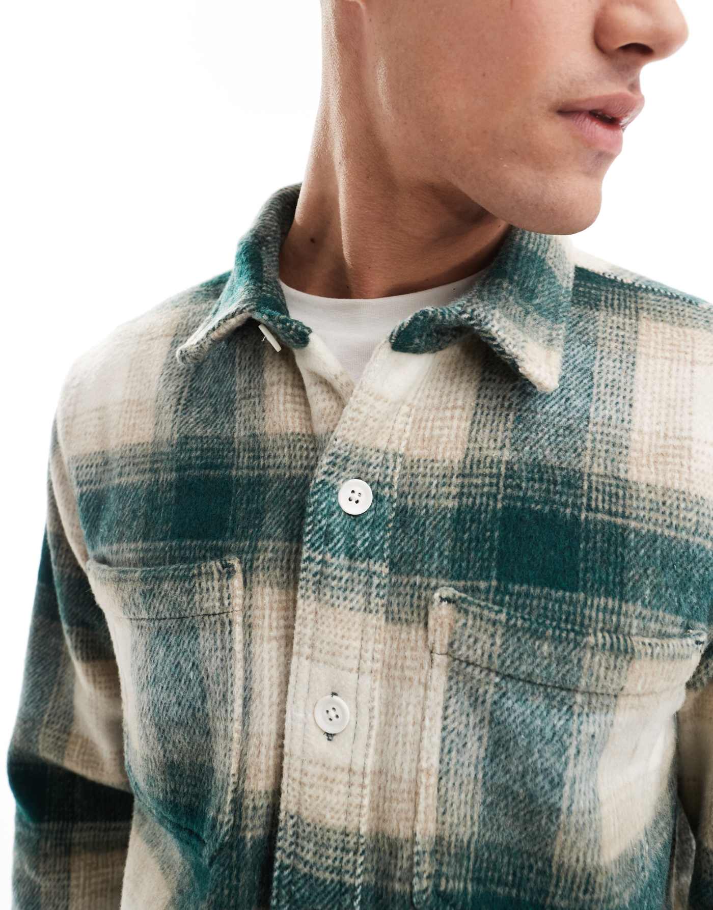 Hollister check cozy brushed flannel shacket in cream/green