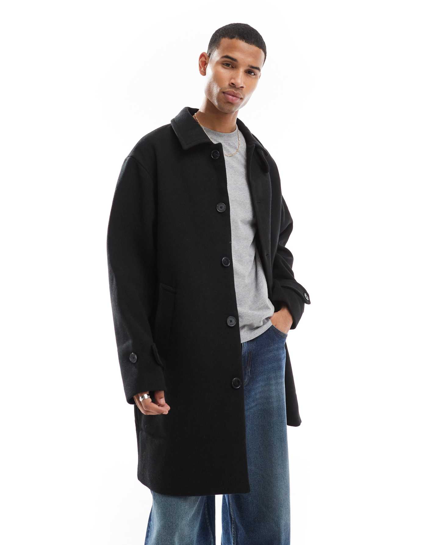 Jack & Jones oversized wool mix overcoat in black