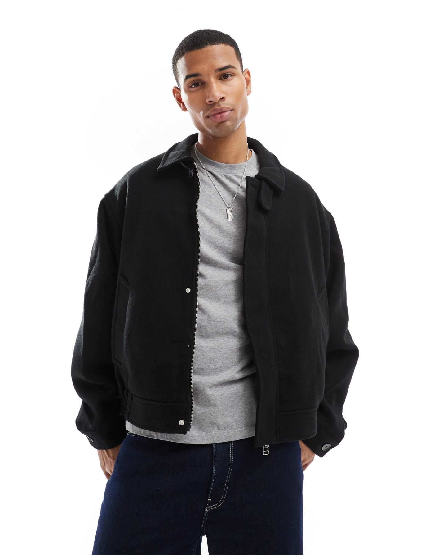 Jack & Jones wool mix zip through harrington in black