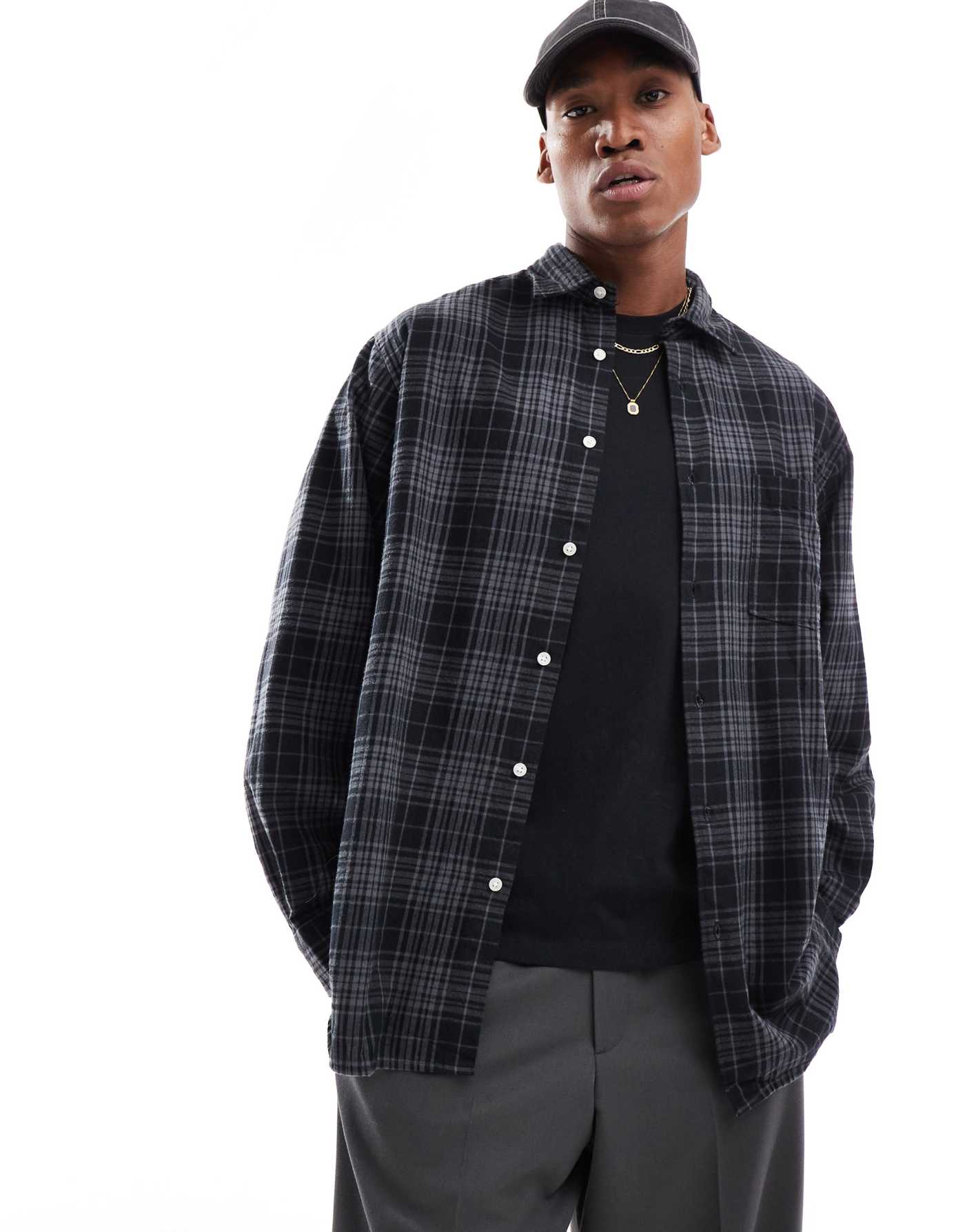 Jack & Jones oversized cotton check shirt in black