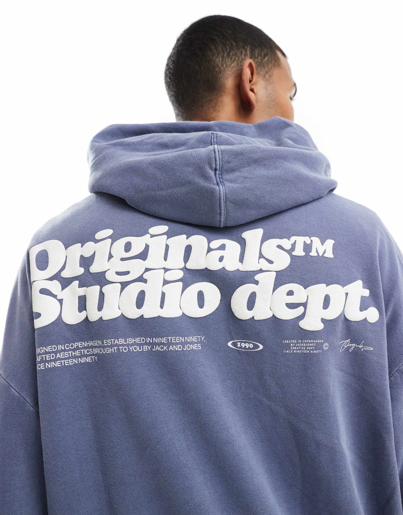 Jack & Jones oversized originals back print hoodie in washed blue