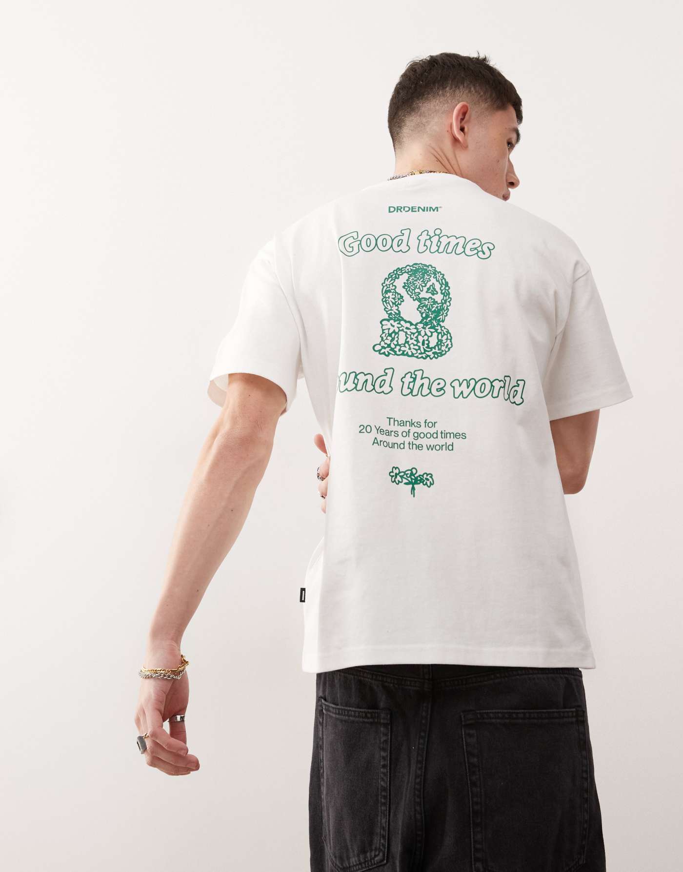 Dr Denim Trooper relaxed fit t-shirt with 20th year anniversary graphic back print in white