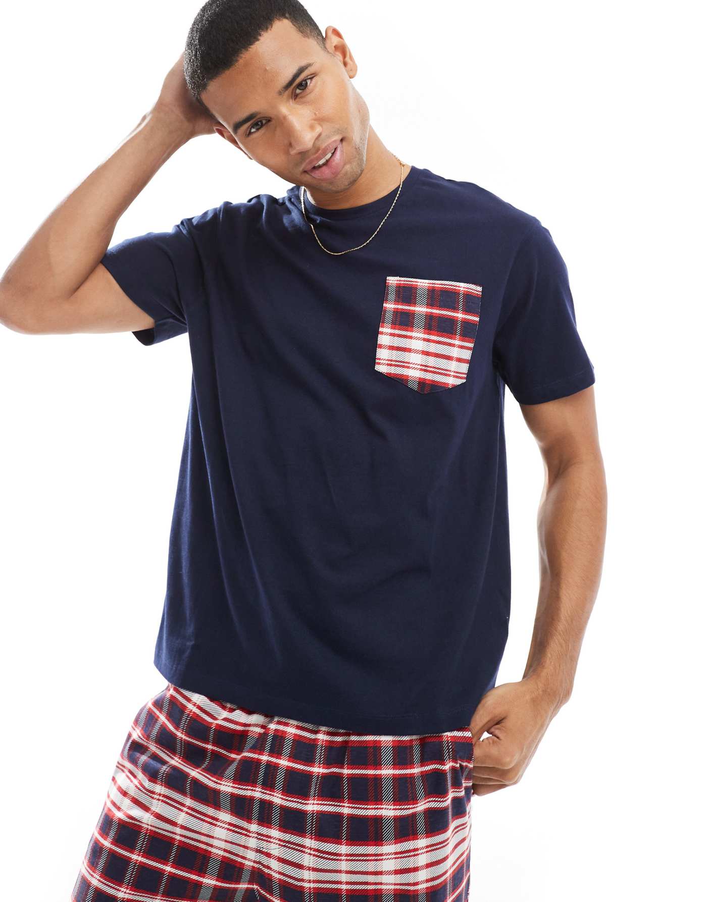 Another Influence check relaxed pyjama set in navy and red