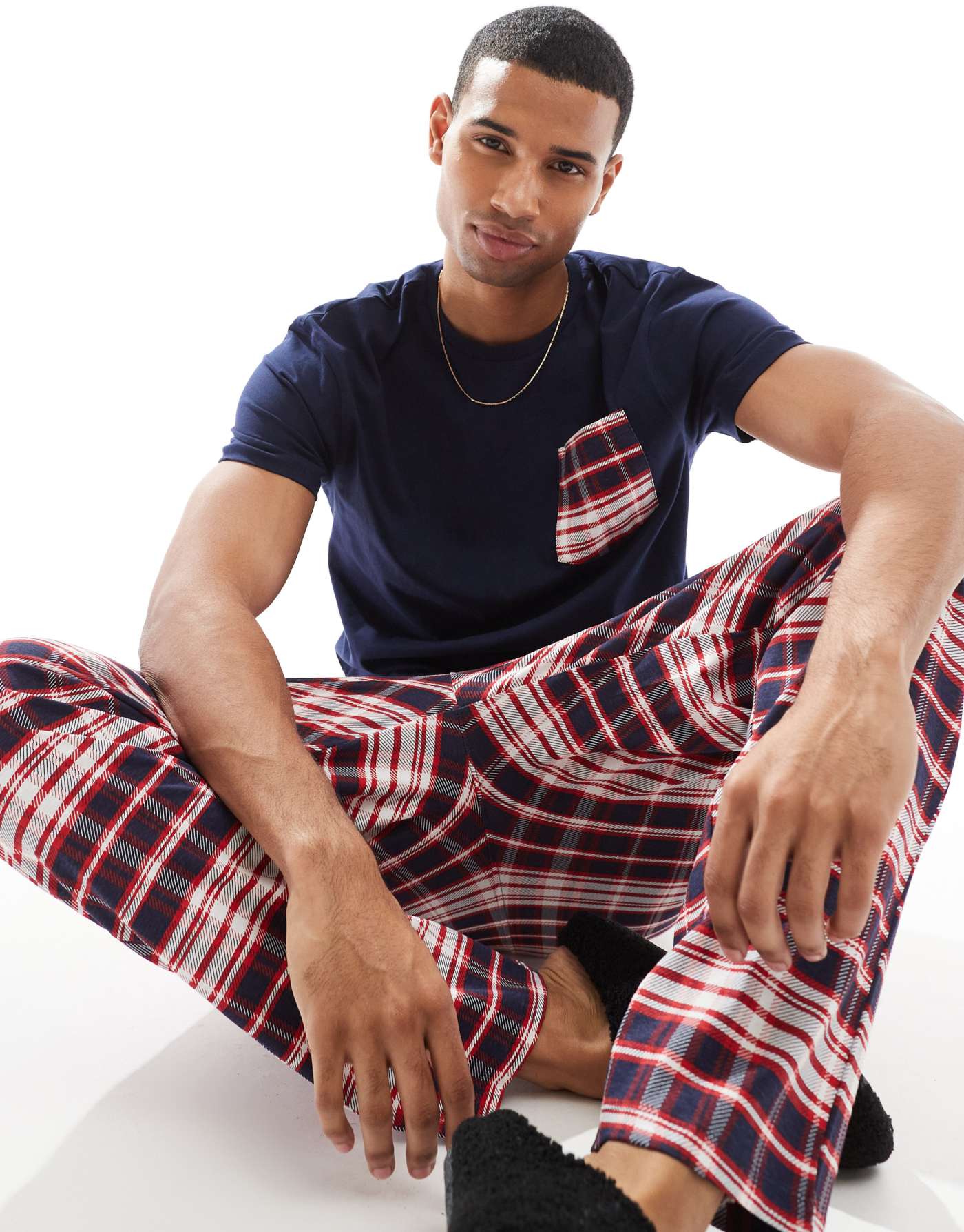 Another Influence check relaxed pyjama set in navy and red