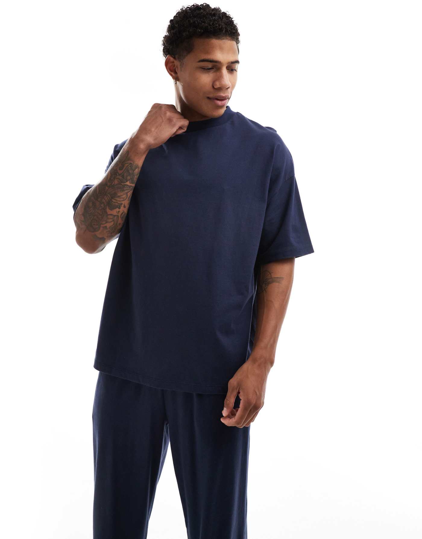 ASOS DESIGN pyjama set with oversized t-shirt and trousers in jersey in navy