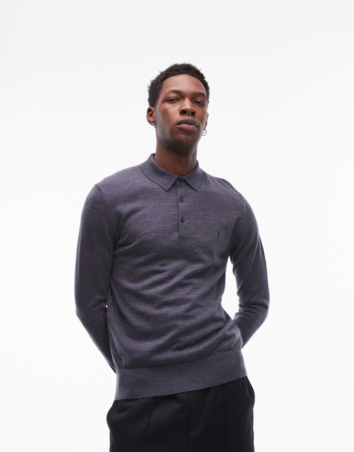 AllSaints Mode Merino long sleeve polo shirt in bLue