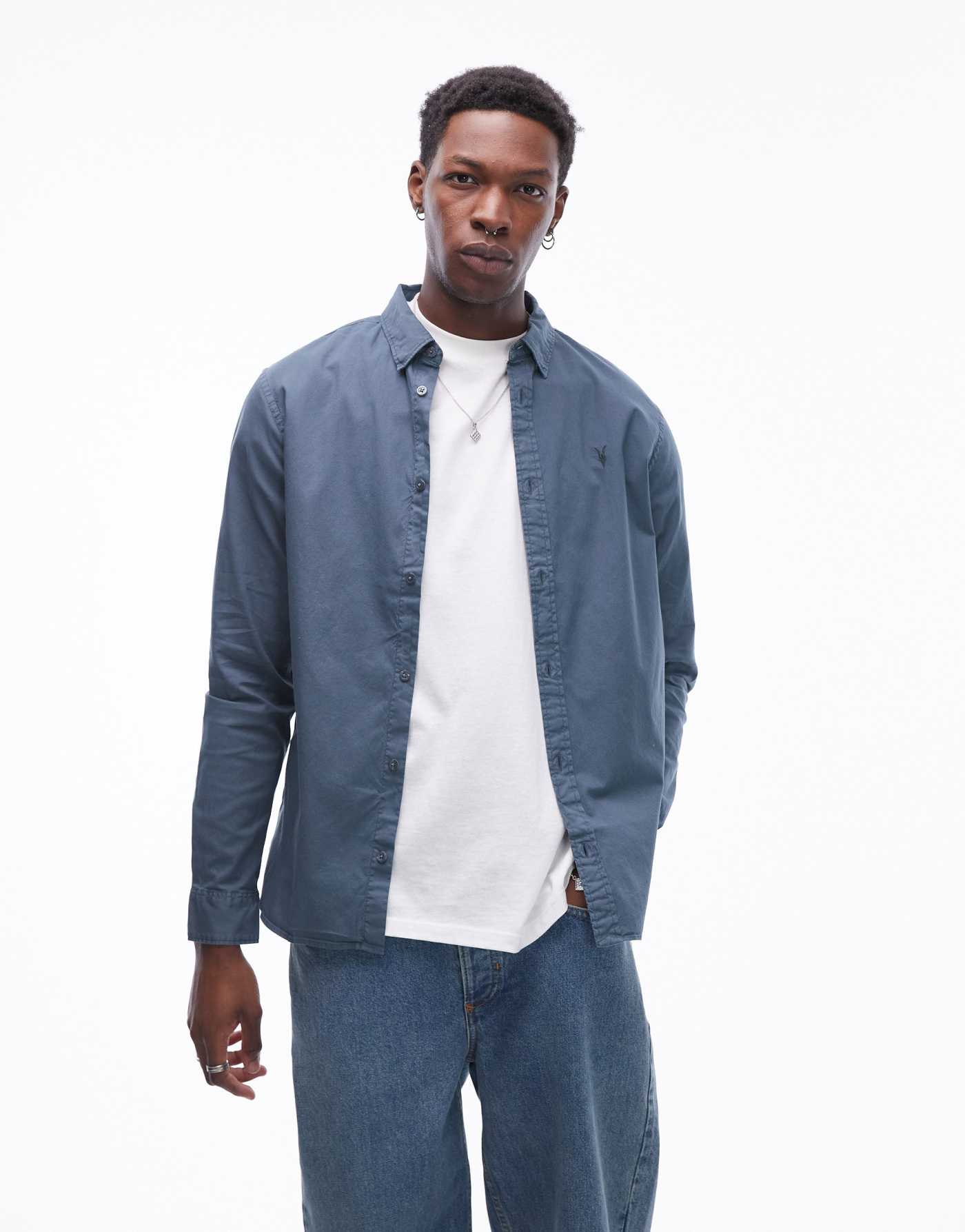 AllSaints Hawthorne long sleeve shirt in ashy blue