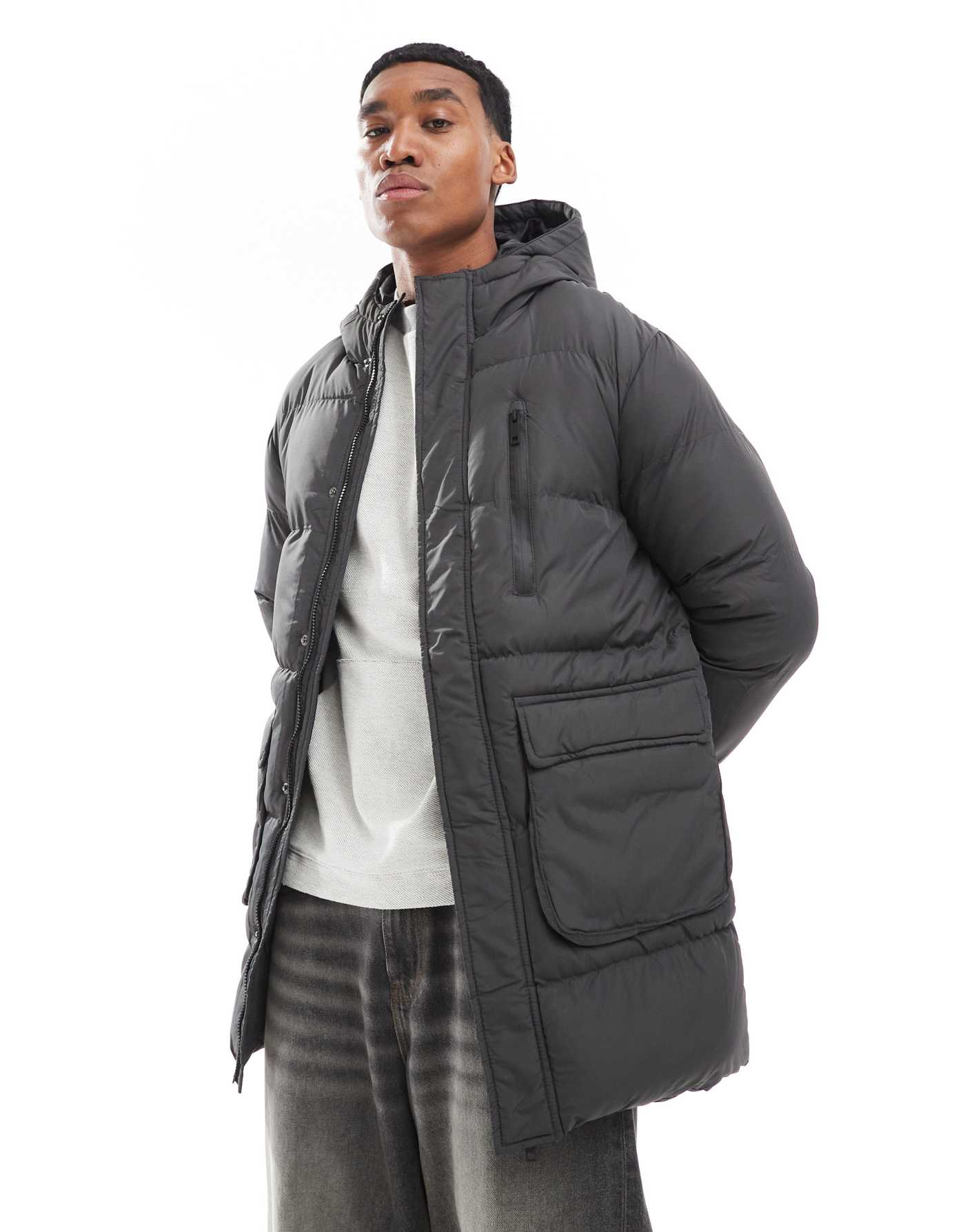 Brave Soul longline padded jacket in dark grey