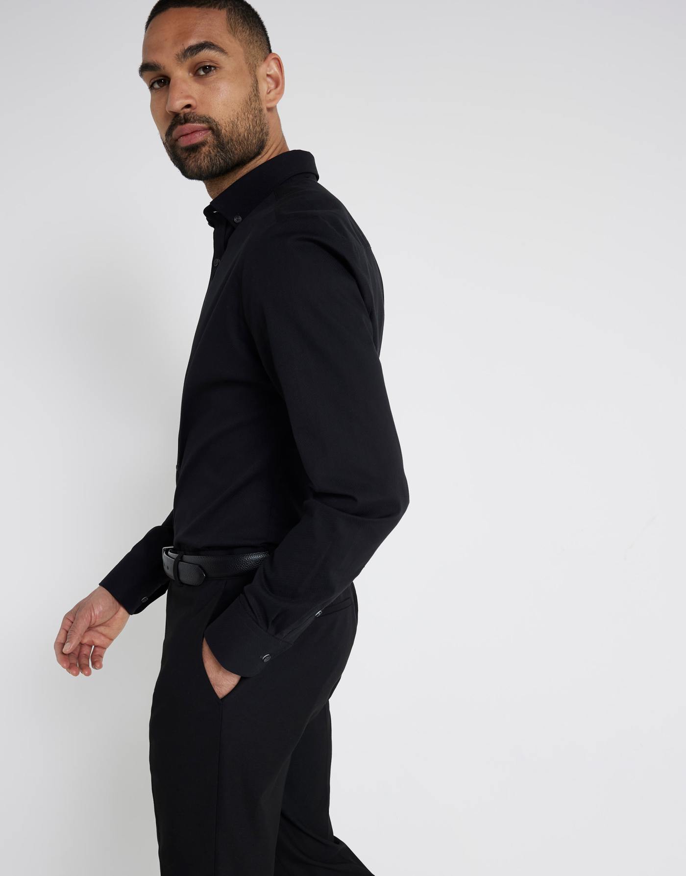 River Island Muscle fit textured smart shirt in black