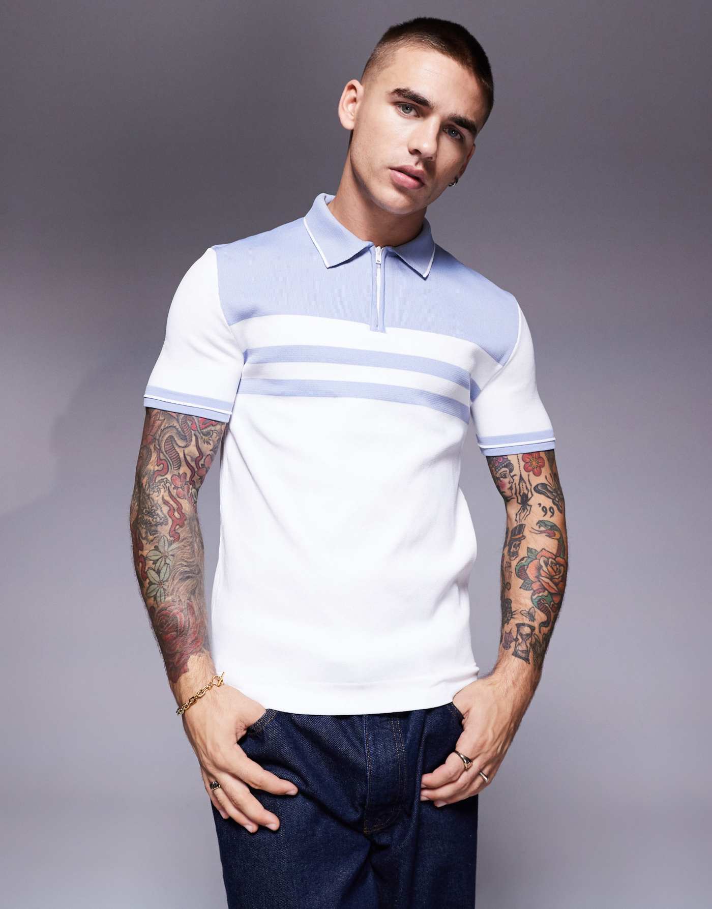 River Island muscle fit zip polo in white and blue