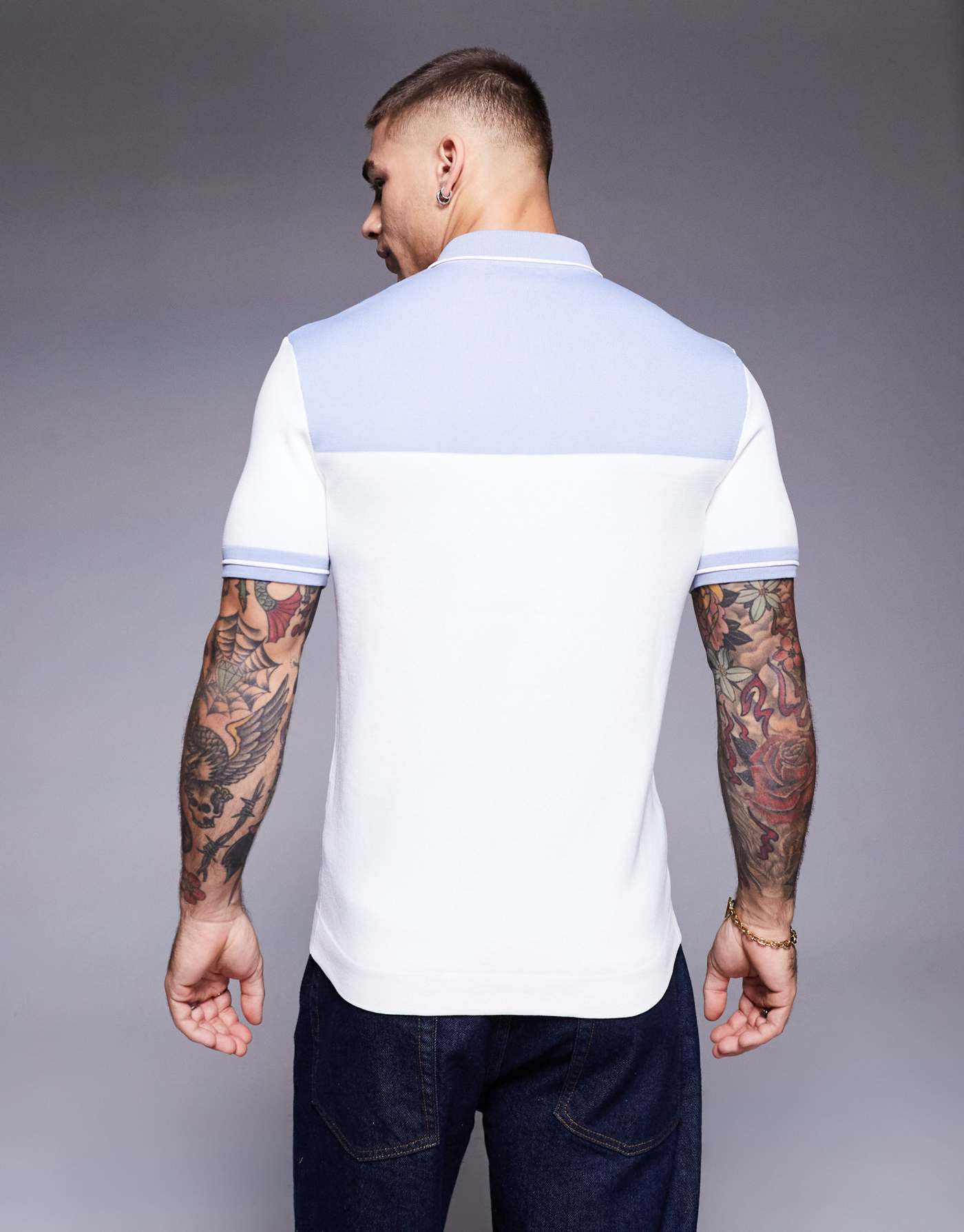 River Island muscle fit zip polo in white and blue